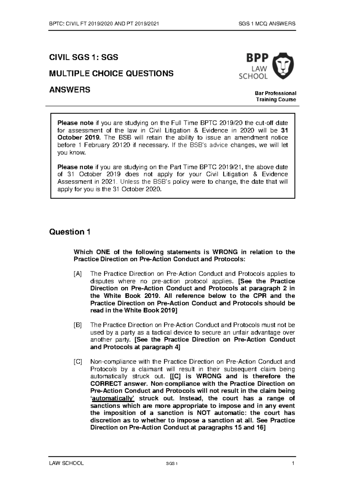 SGS 1 MCQ A 7 - Civil Litigation - BPTC: CIVIL FT 2019/2020 AND PT 2019 ...