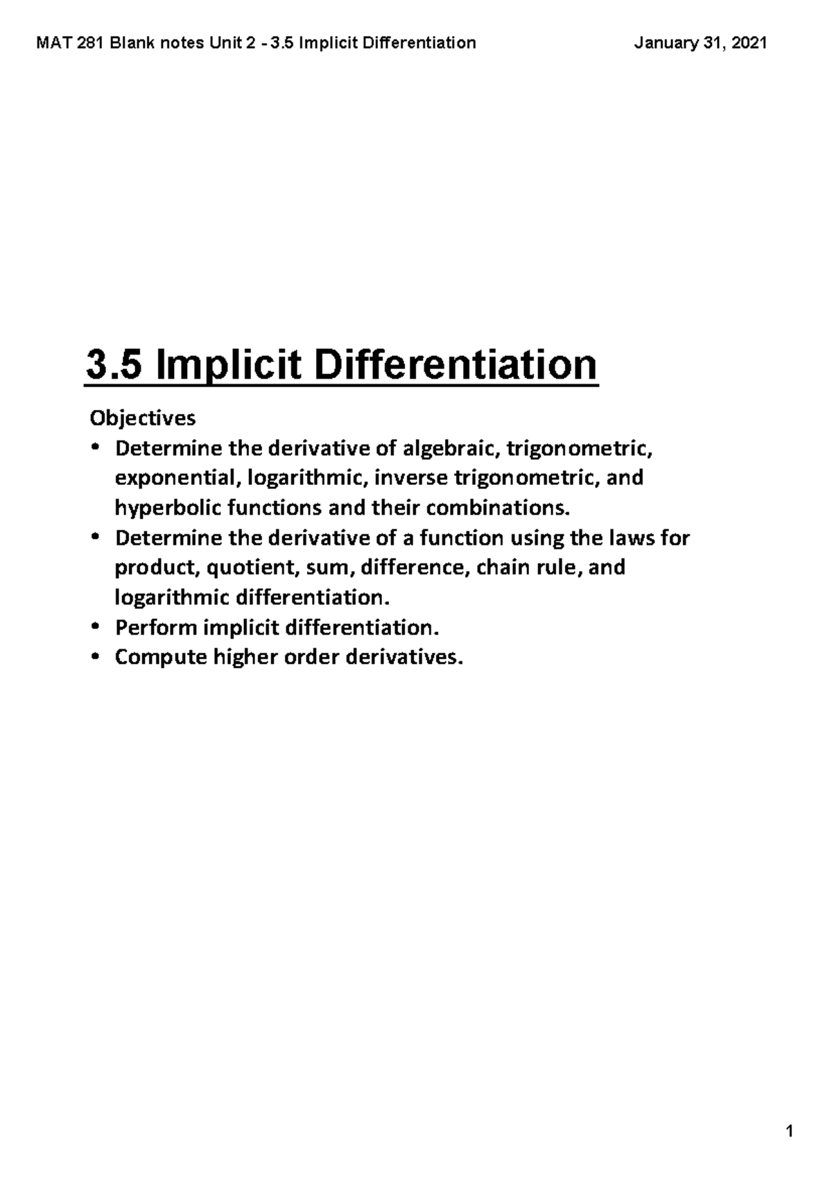 3.5 Implicit Differentiation - MAT 281 Blank notes Unit 2 ­ 3 Implicit ...