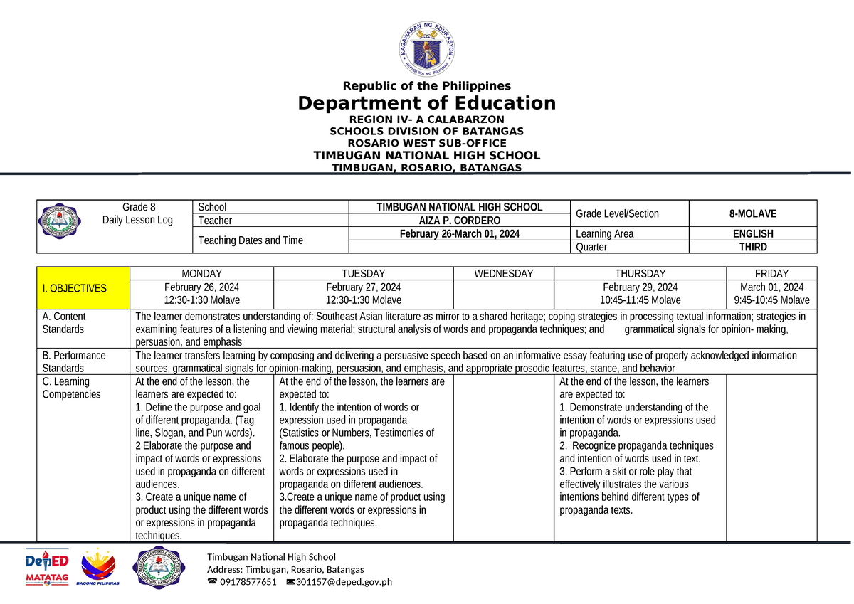 DLL AIZA Cordero Final week 3 - Timbugan National High School Address ...