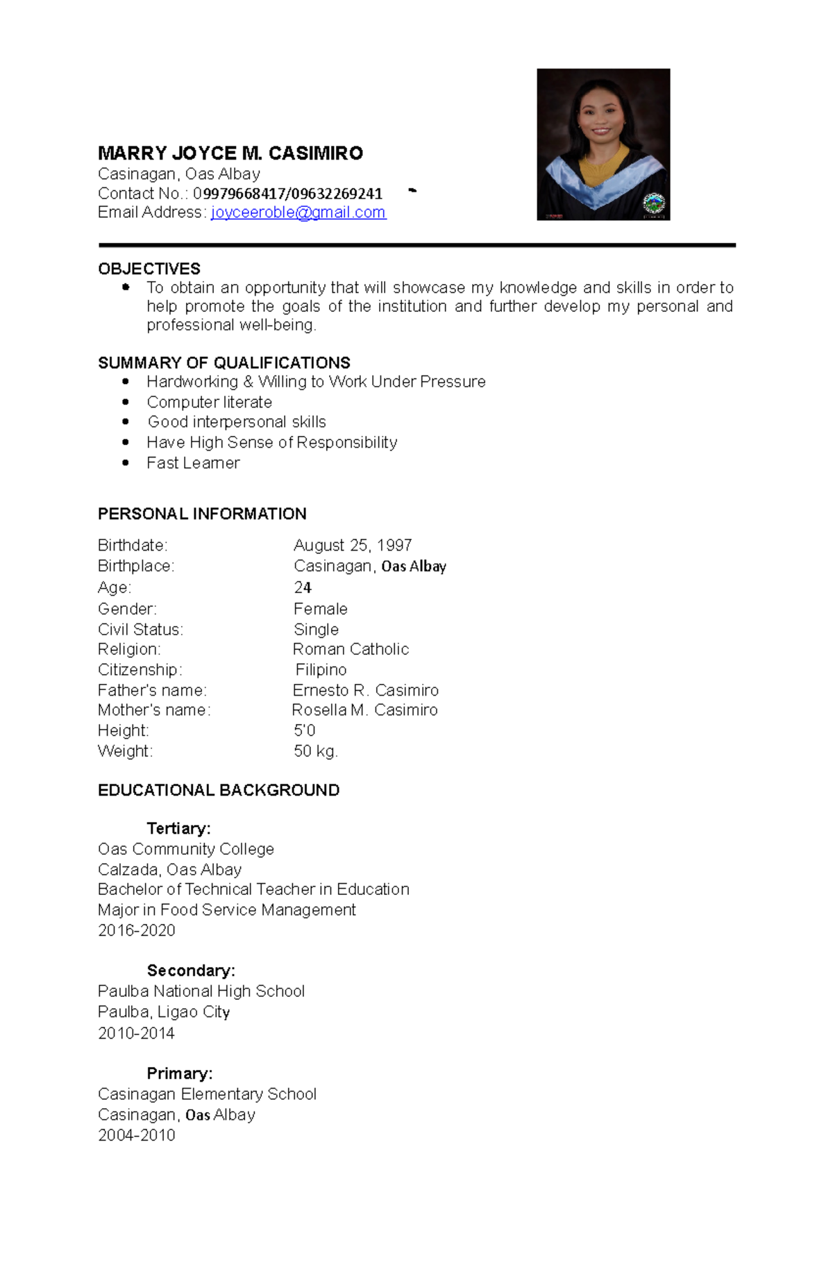 Joycee Resume SAMPLE DRAFT FOR EMPLOMENT - MARRY JOYCE M. CASIMIRO ...