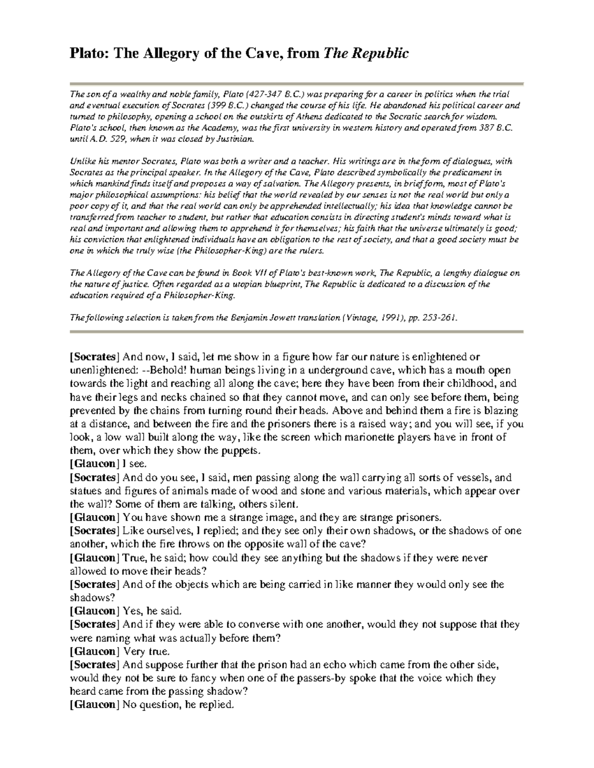 Plato sAllegoryoftheCave Plato The Allegory of the Cave, from