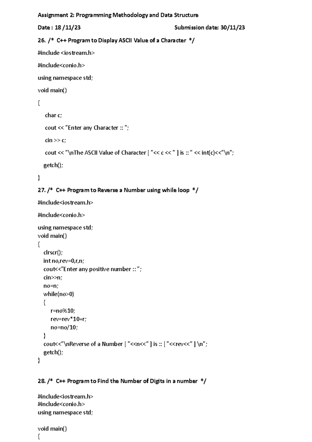 C++ Programs assignment no 2 - Assignment 2: Programming Methodology ...