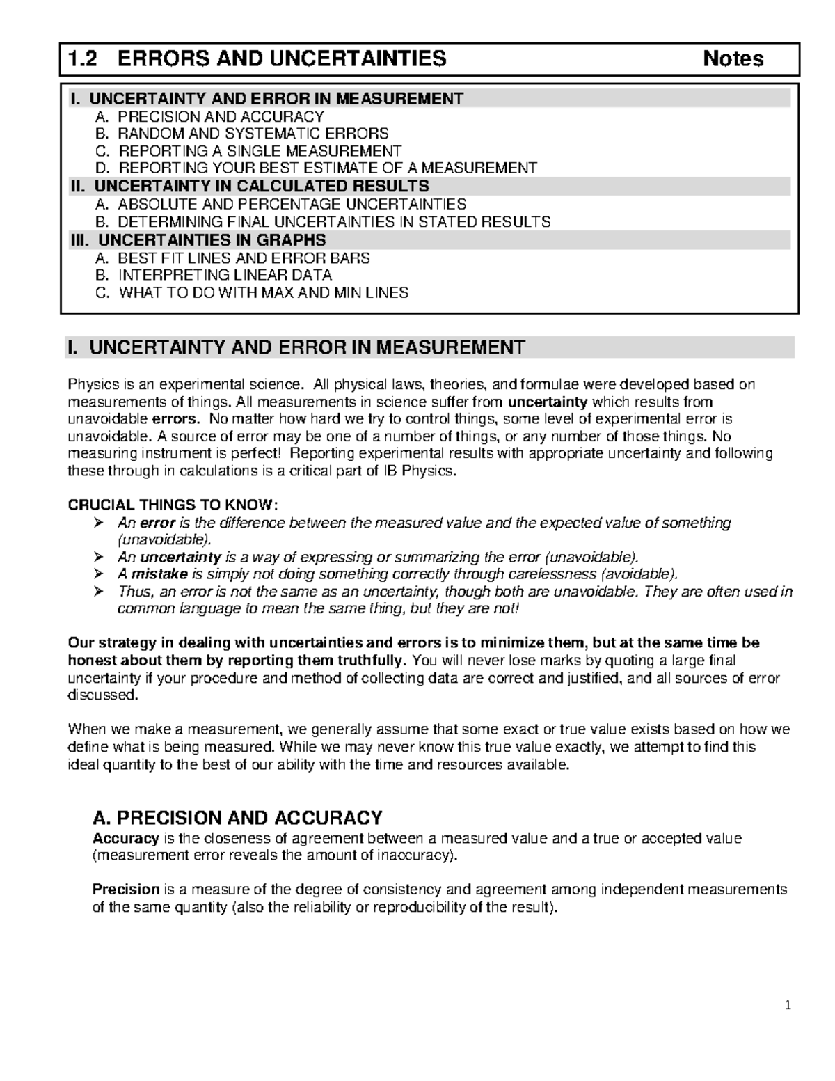 1 - Class notes - 1 ERRORS AND UNCERTAINTIES Notes I. UNCERTAINTY AND ...