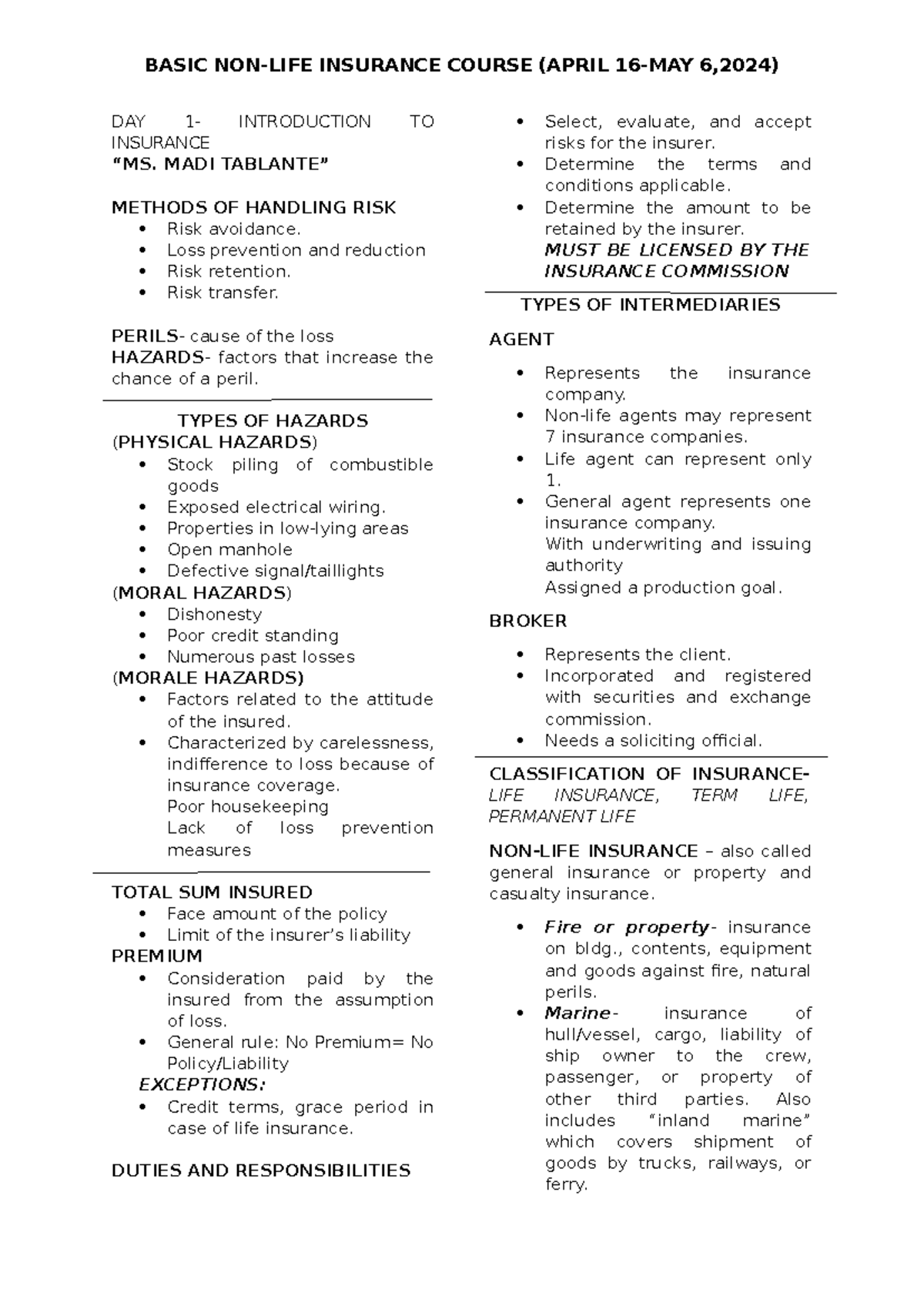 INSURANCE REVIEW - DAY 1- INTRODUCTION TO INSURANCE “MS. MADI TABLANTE ...