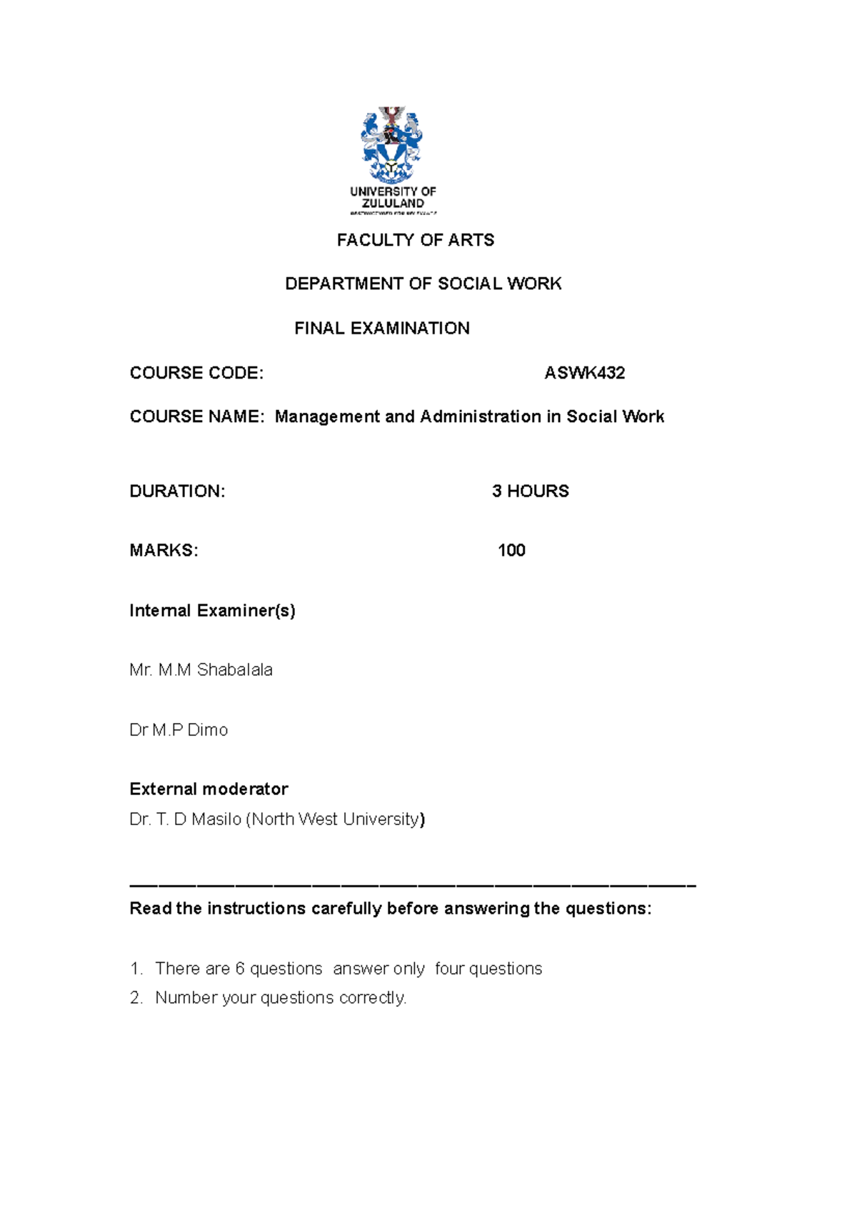 Management FinalEXAM ASWK 432 September 2021 (002) FACULTY OF ARTS