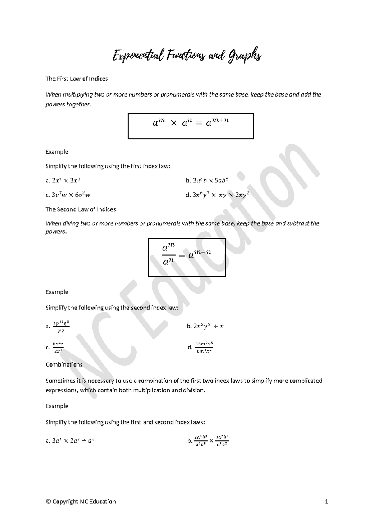 Lecture 1 Note and practice materials on the indice laws