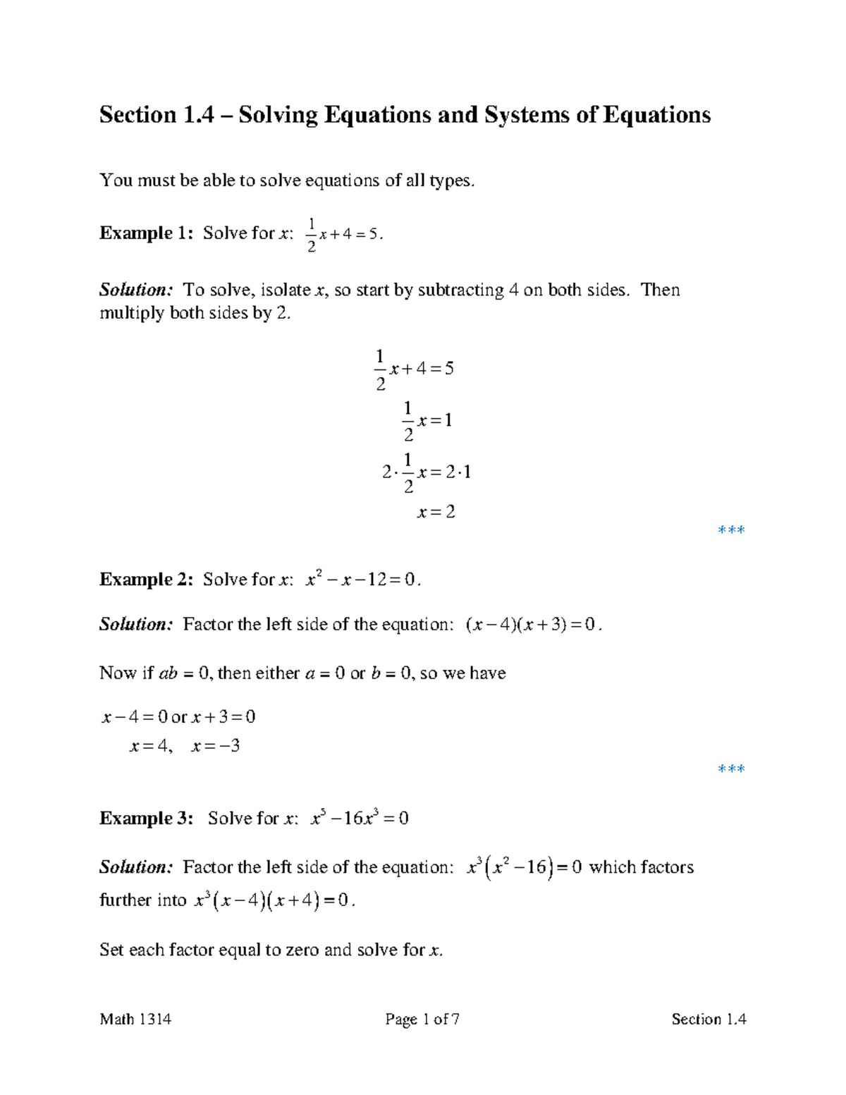 Solving Equations and Systems of Equations Chapter 1.4 - Section 1 ...