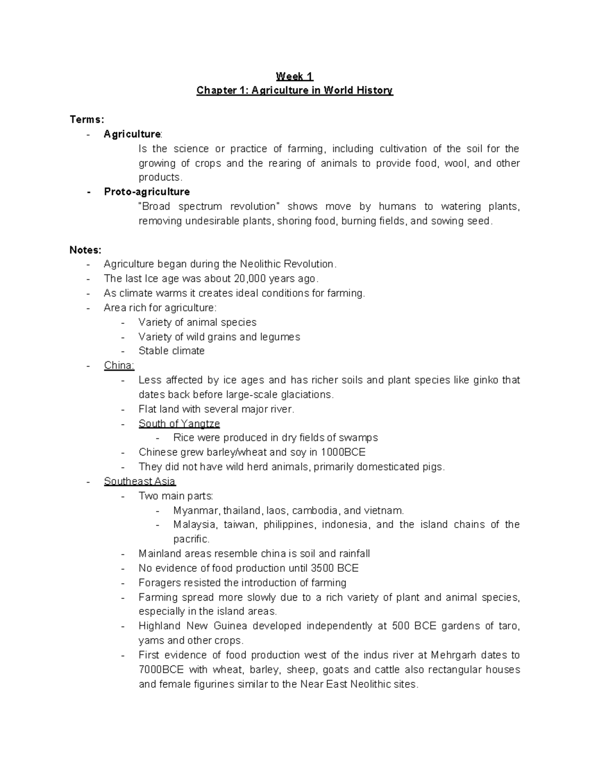 AG 1010 notes - Week 1 Chapter 1: Agriculture in World History Terms ...