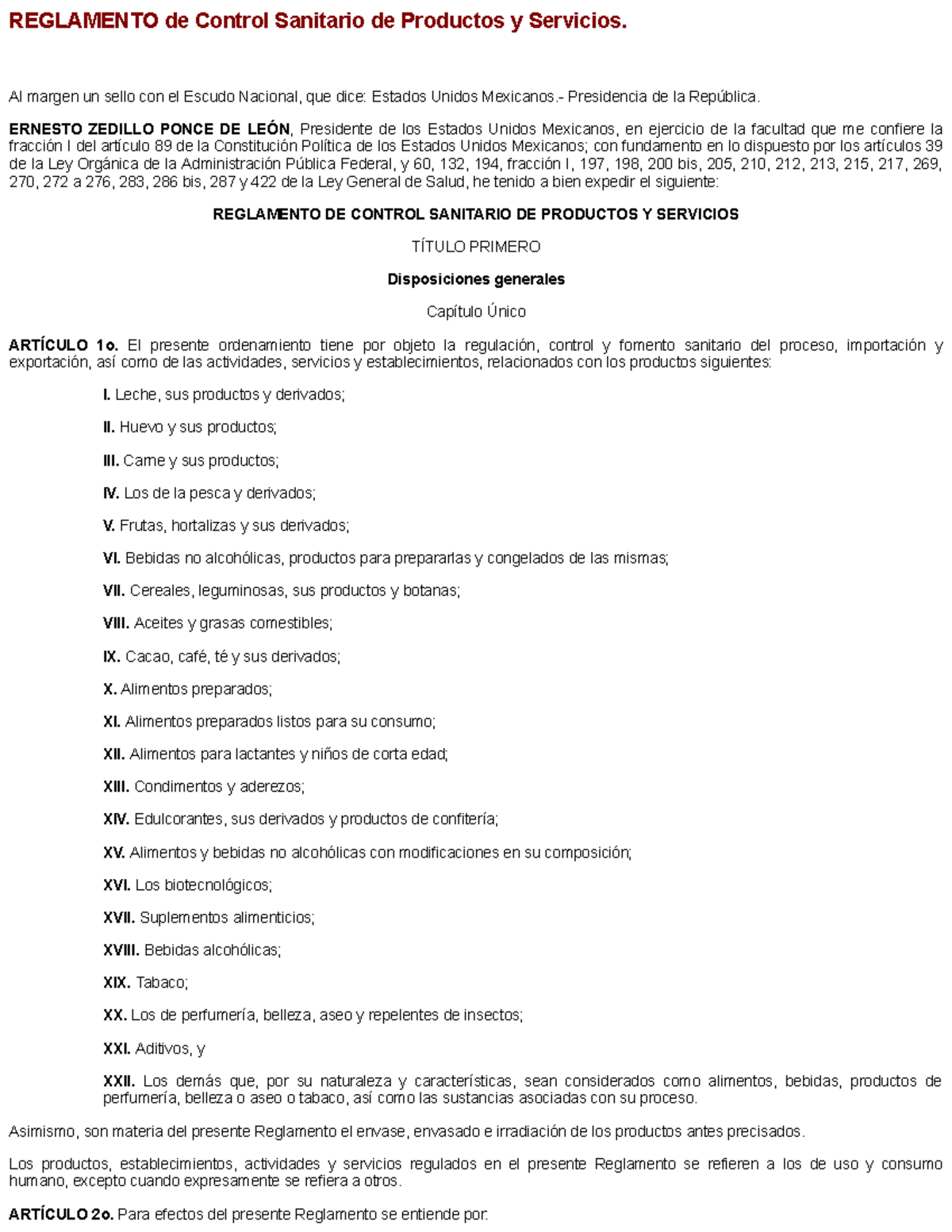 Reglamento De Control Sanitario De Productos Y Servicios - REGLAMENTO ...