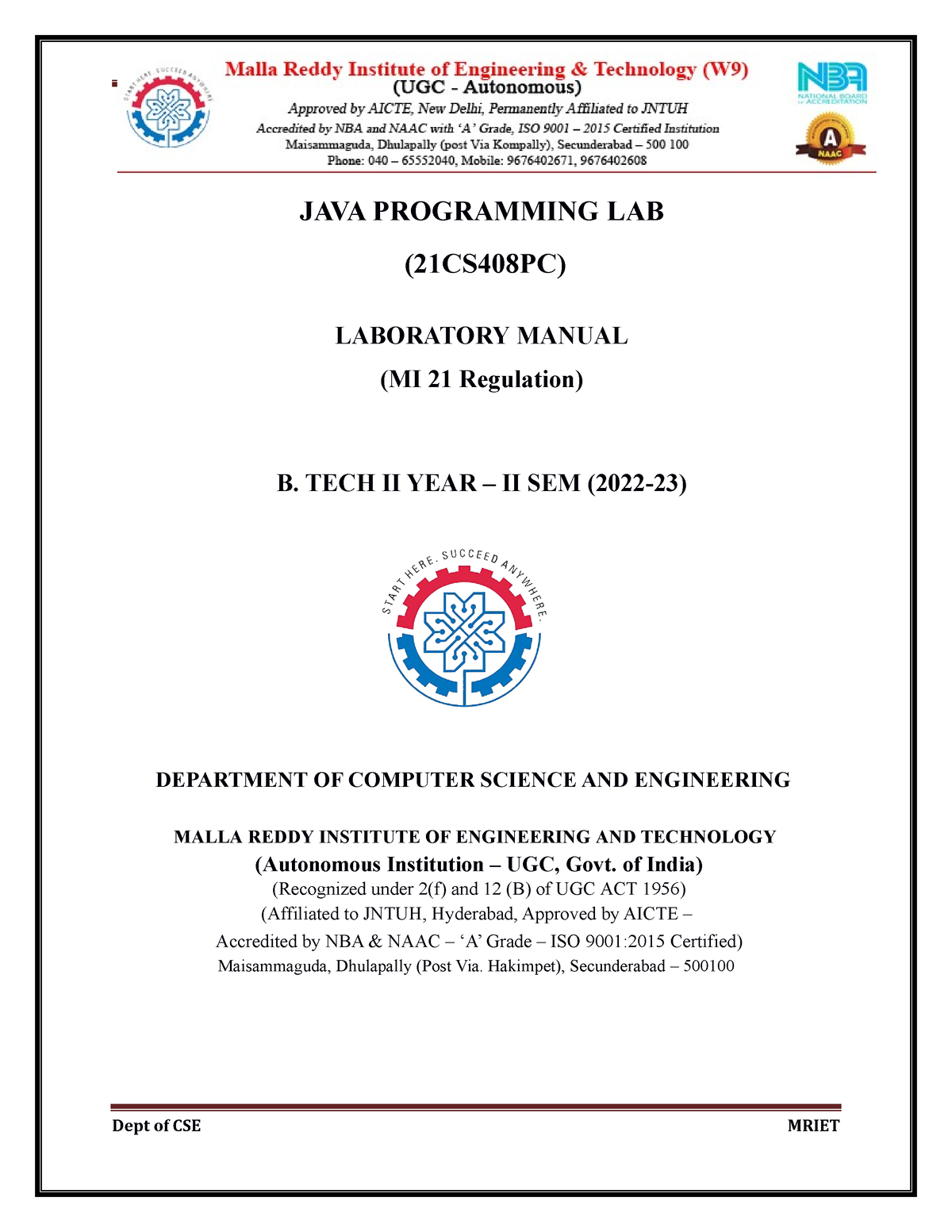 2-2 Java Programming - JAVA PROGRAMMING LAB (21CS408PC) LABORATORY ...