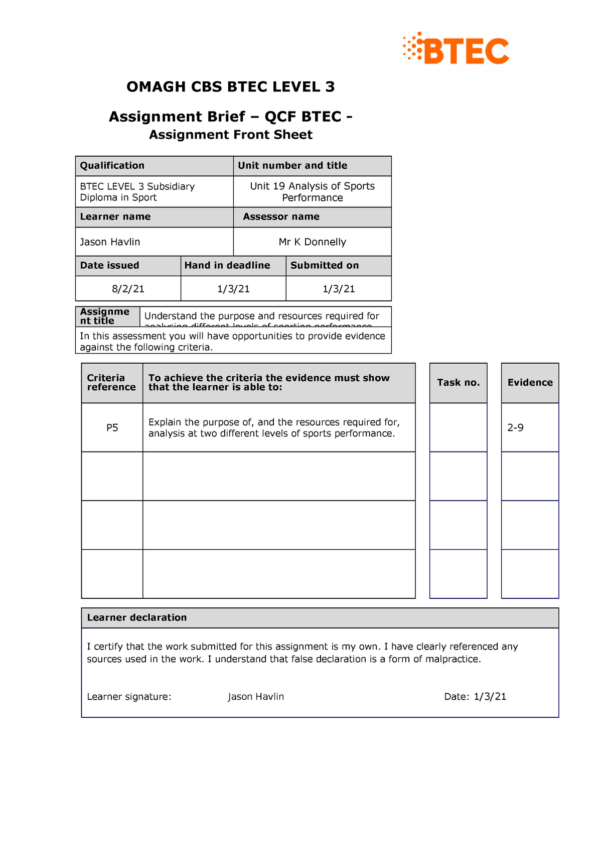 btec assignment iv form