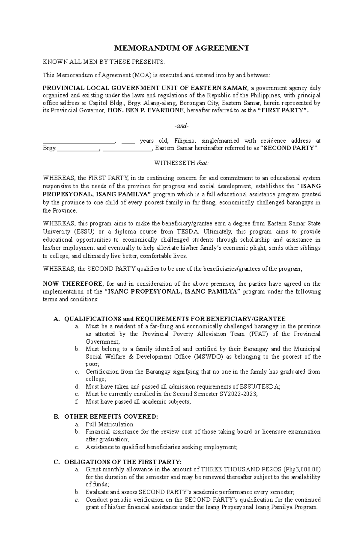 MOA Isang Pamilya Isang Propesyonal 2nd Semester SY2023 - MEMORANDUM OF ...