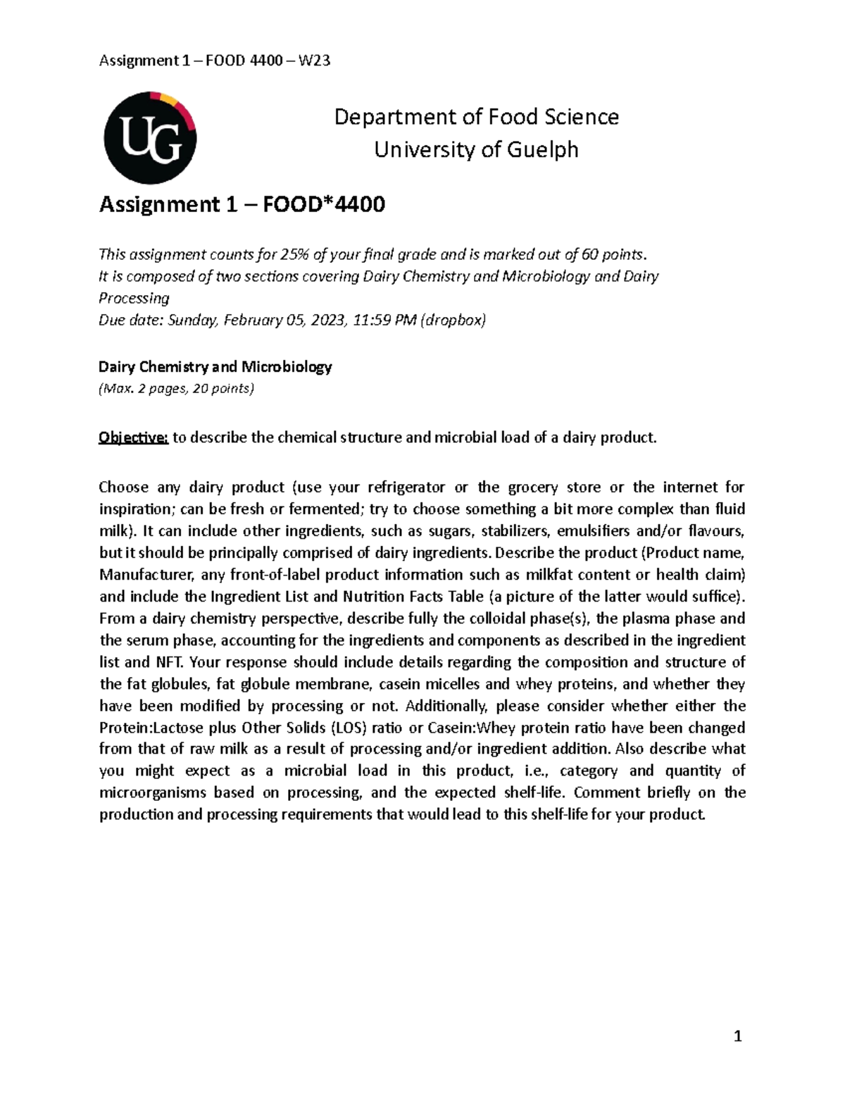 Assignment 1 2023 FOOD 4400 Department of Food Science University of