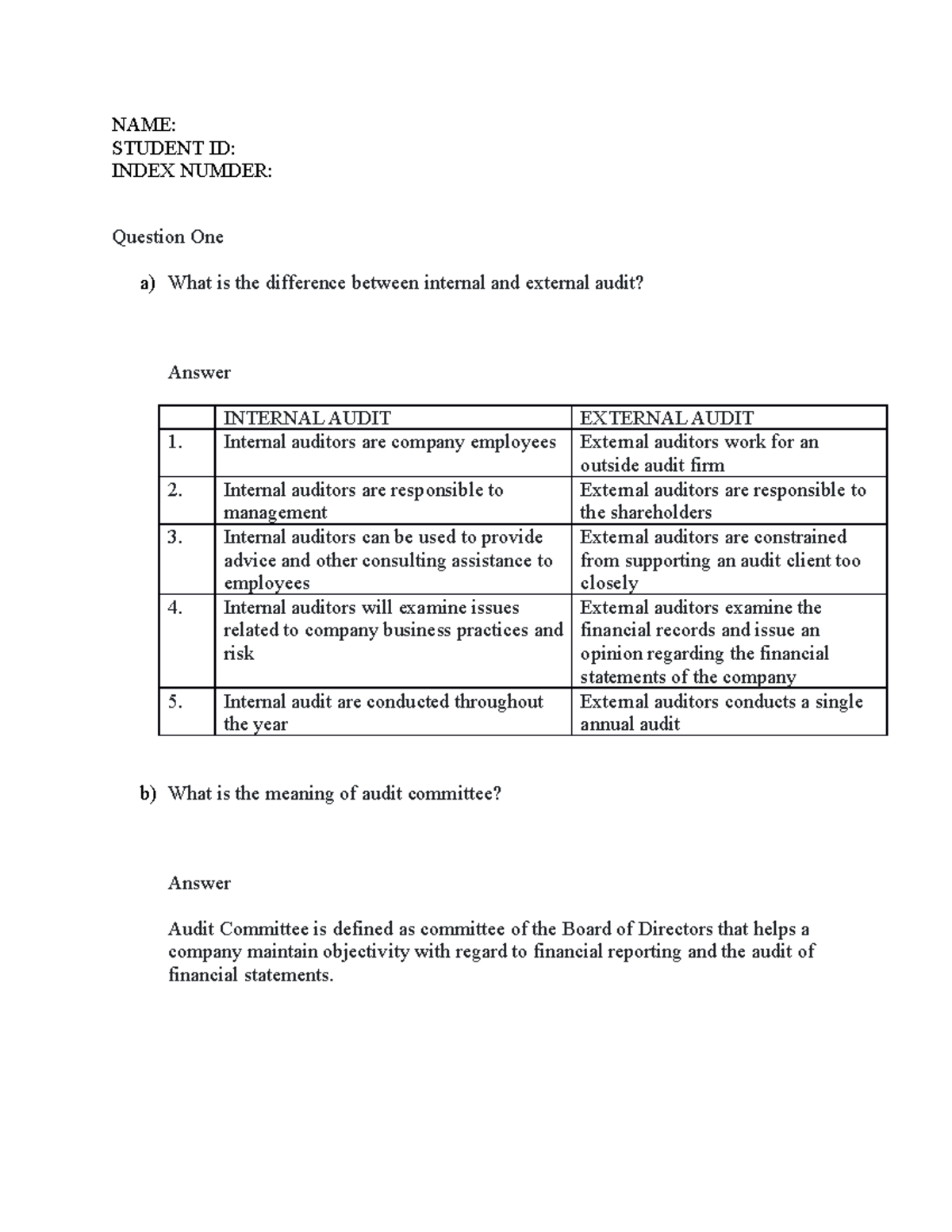 Auditing Assignment TWO Solutions - NAME: STUDENT ID: INDEX NUMDER ...