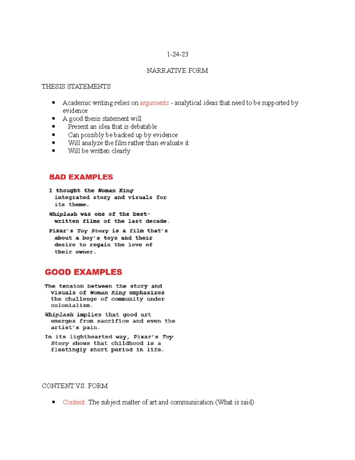Narrative Form Notes - 1-24- NARRATIVE FORM THESIS STATEMENTS Academic ...