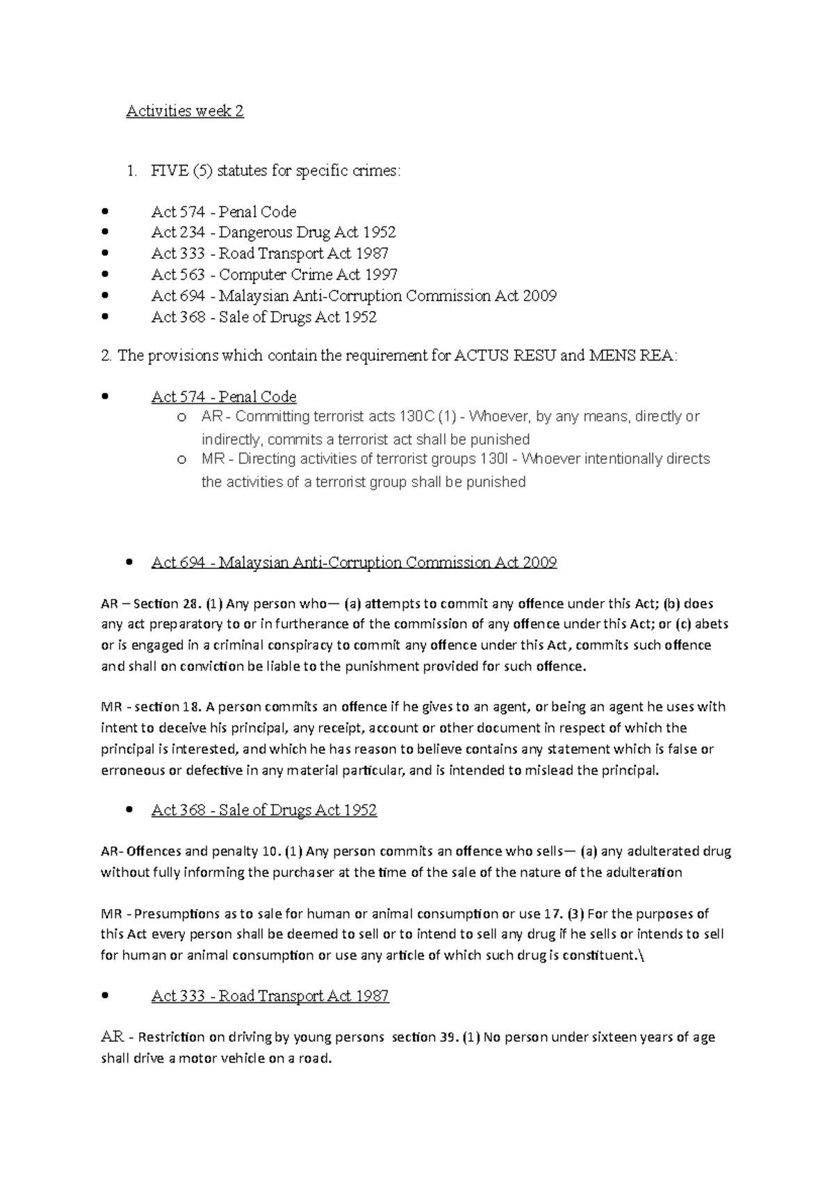 Activities week FIVE (5) statutes for specific crimes Act 574