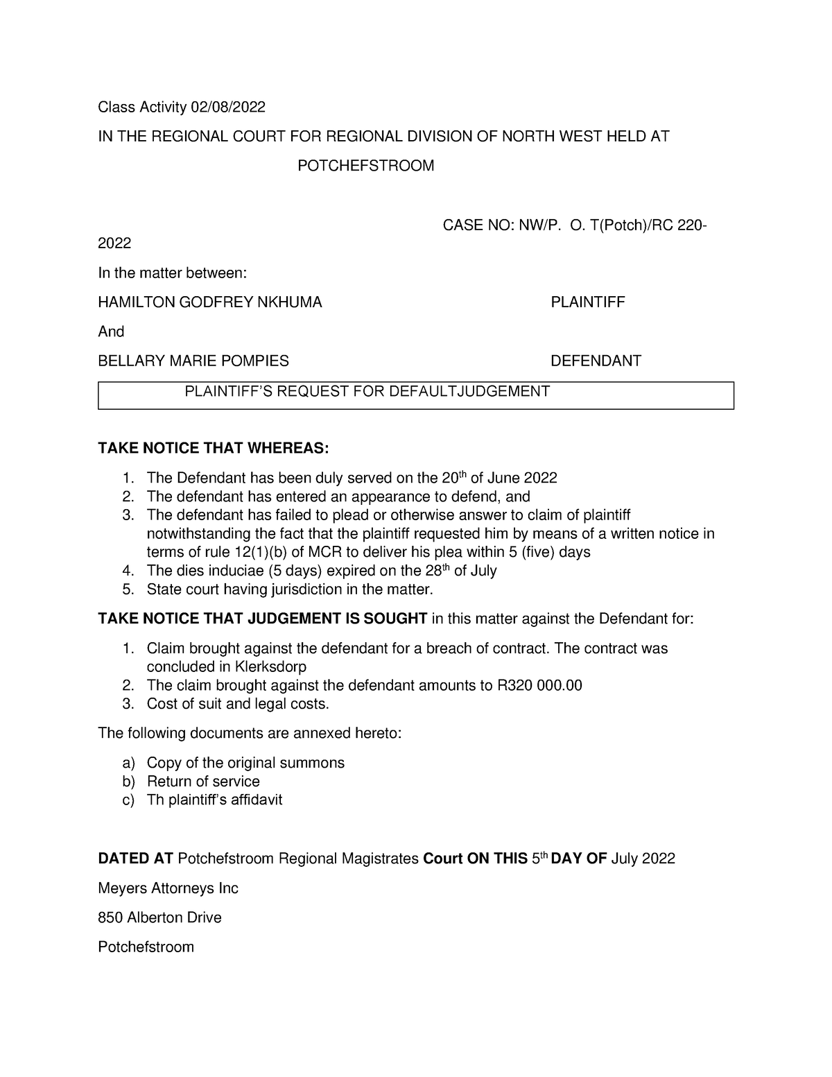 Default Judgment Civil Procedure Class Activity 0208 In The Regional Court For Regional 7836