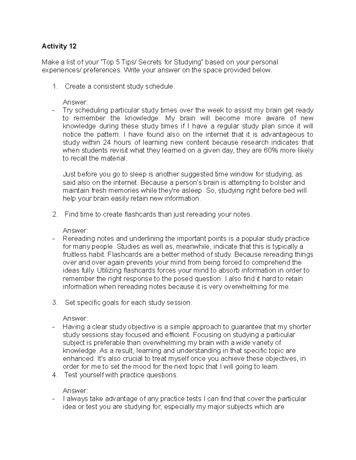 UTS Act. 1 - Activity 1 - Activity 12 Make a list of your “Top 5 Tips ...