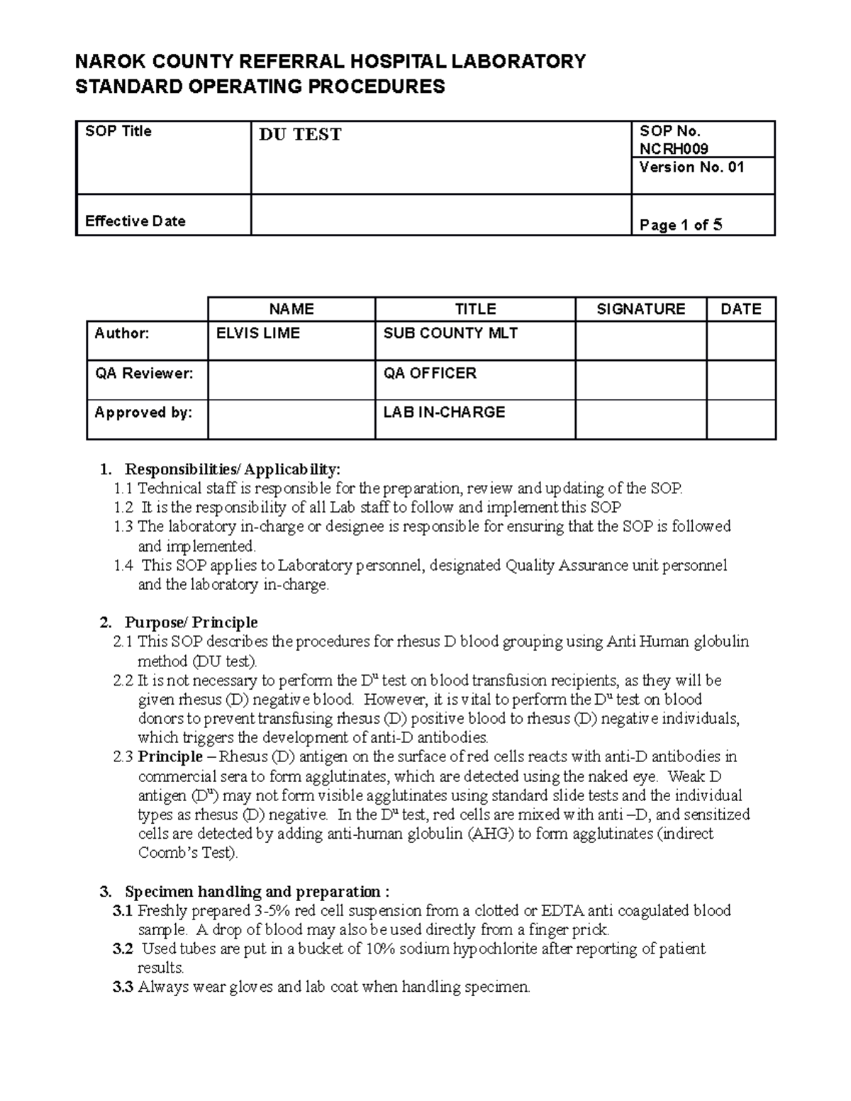 SOP FOR DU TEST - STANDARD OPERATING PROCEDURES SOP Title DU TEST SOP ...