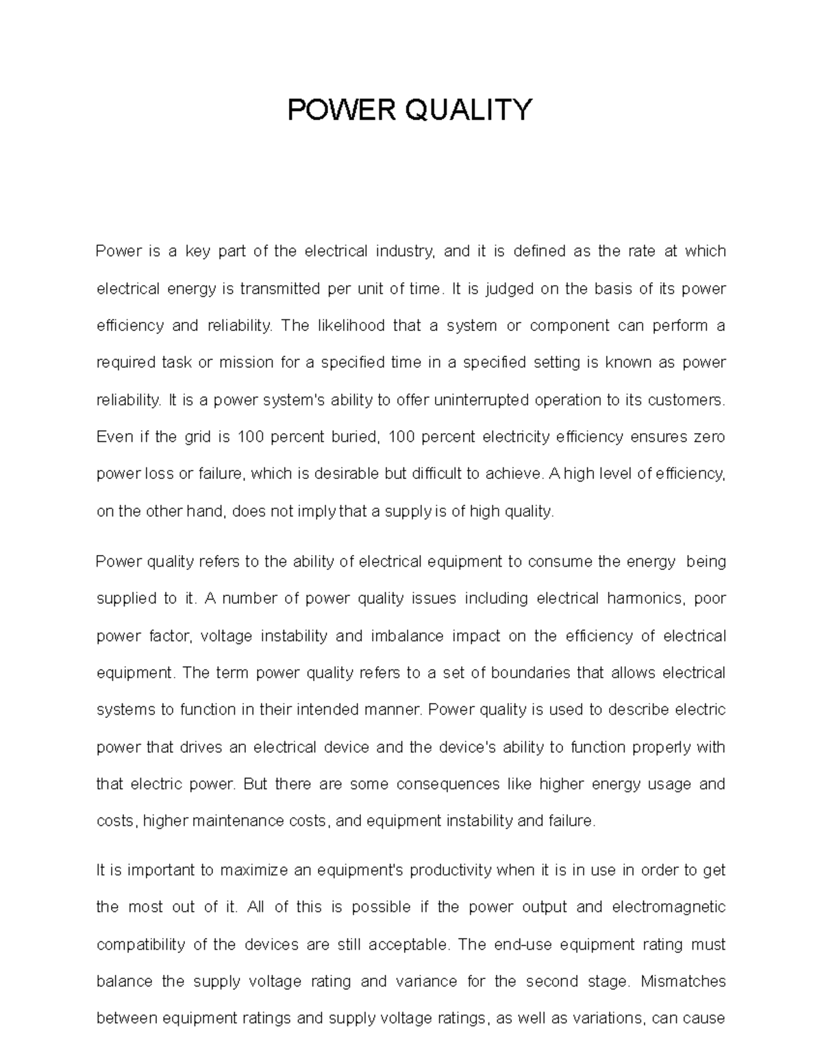1. power quality POWER QUALITY Power is a key part of the electrical