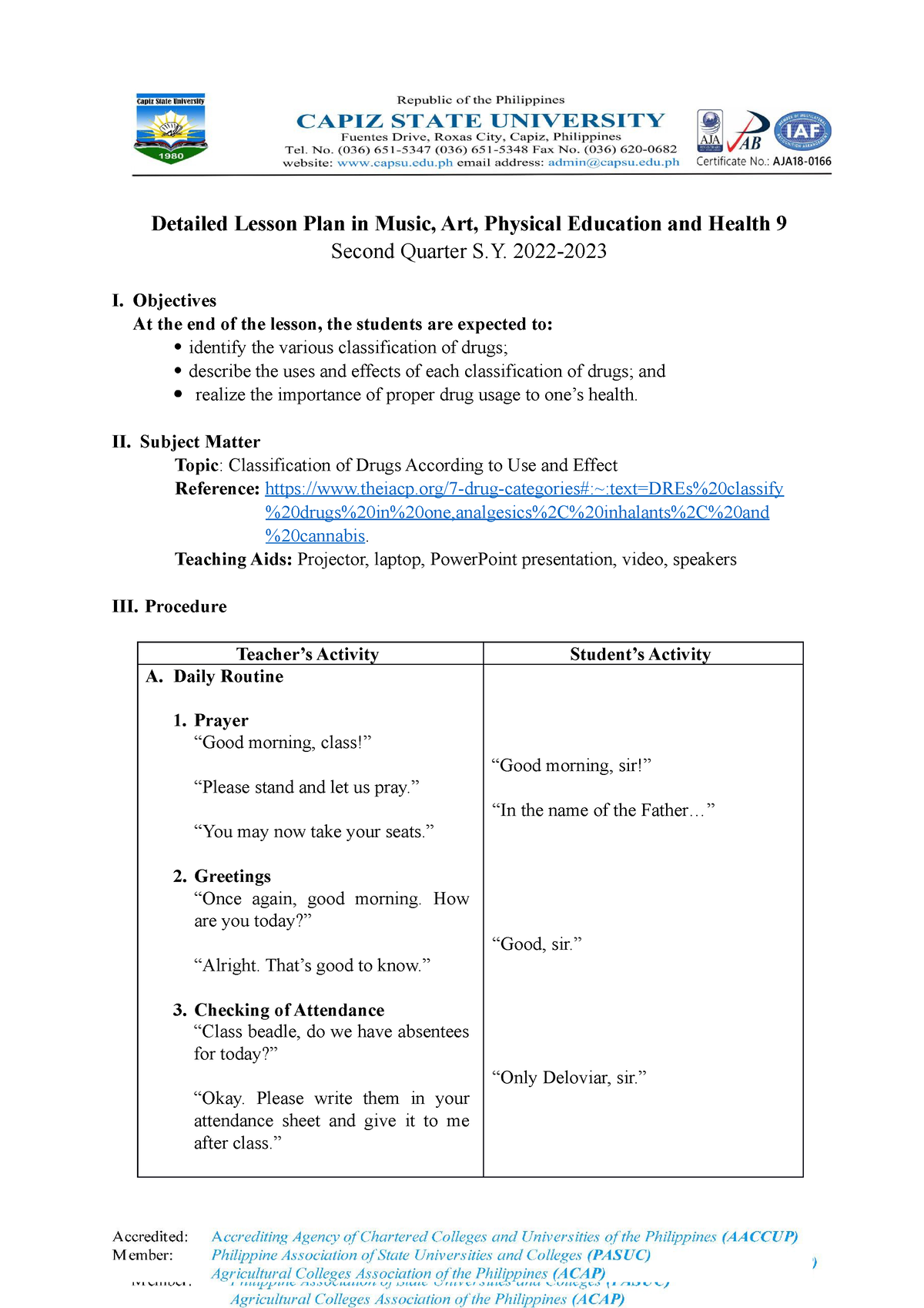 Lessonplan - Lesson Plan In PE And Health - Detailed Lesson Plan In ...