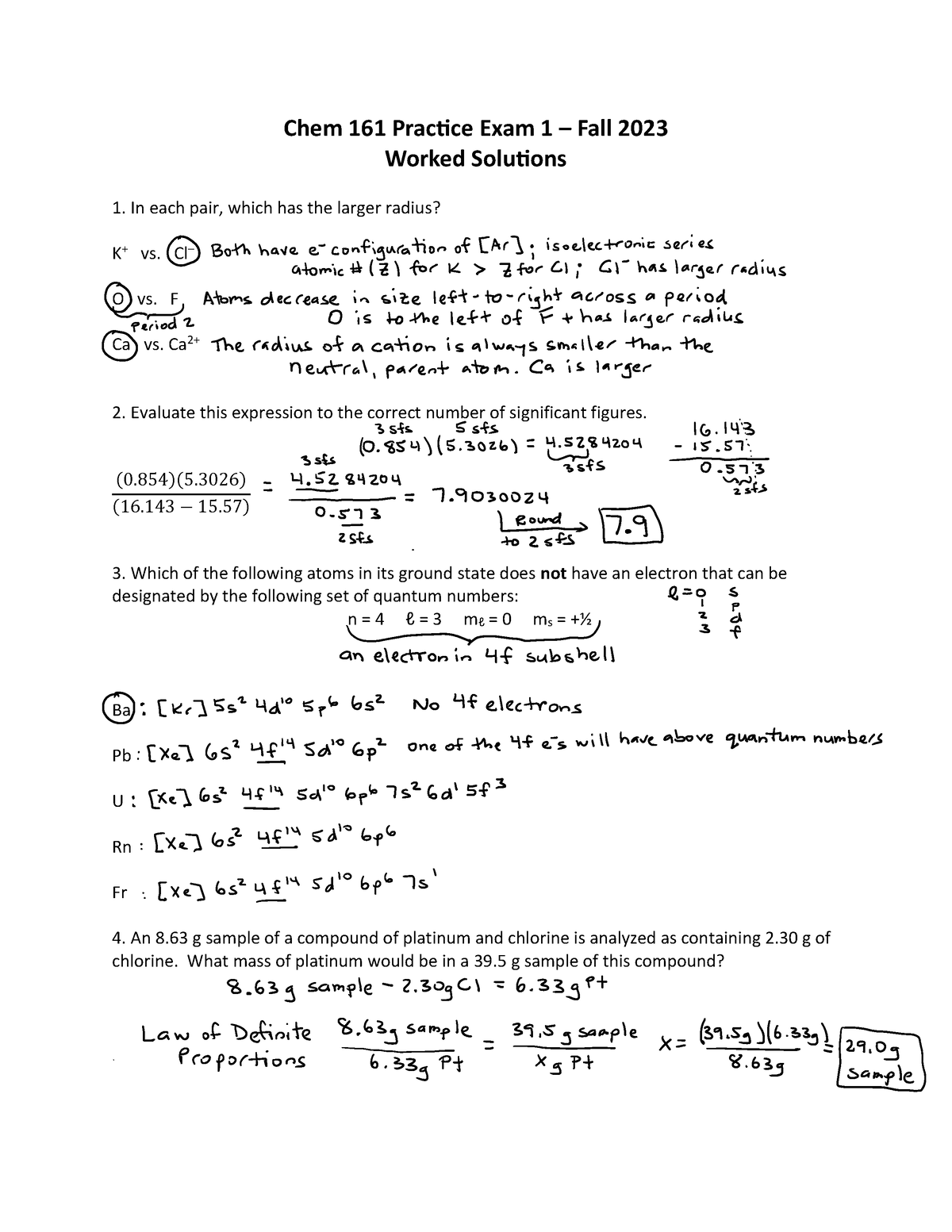 FALL 23 Practice Exam 1 Worked Solutions - Chem 161 Practice Exam 1 ...