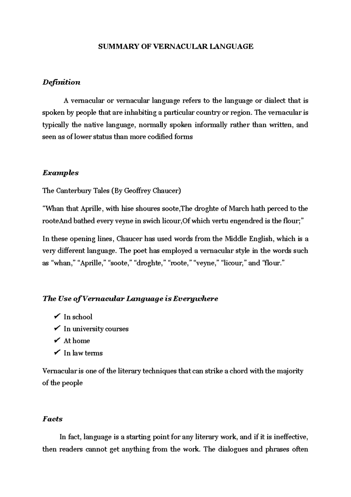 Summary of Vernacular Language - SUMMARY OF VERNACULAR LANGUAGE ...