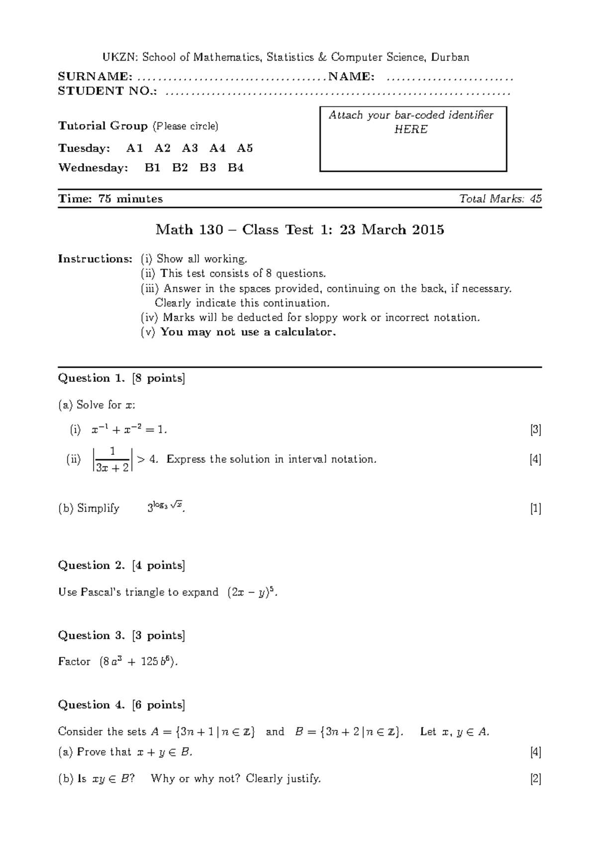 2015-WV-Test1 - It helpful - UKZN: School of Mathematics, Statistics ...