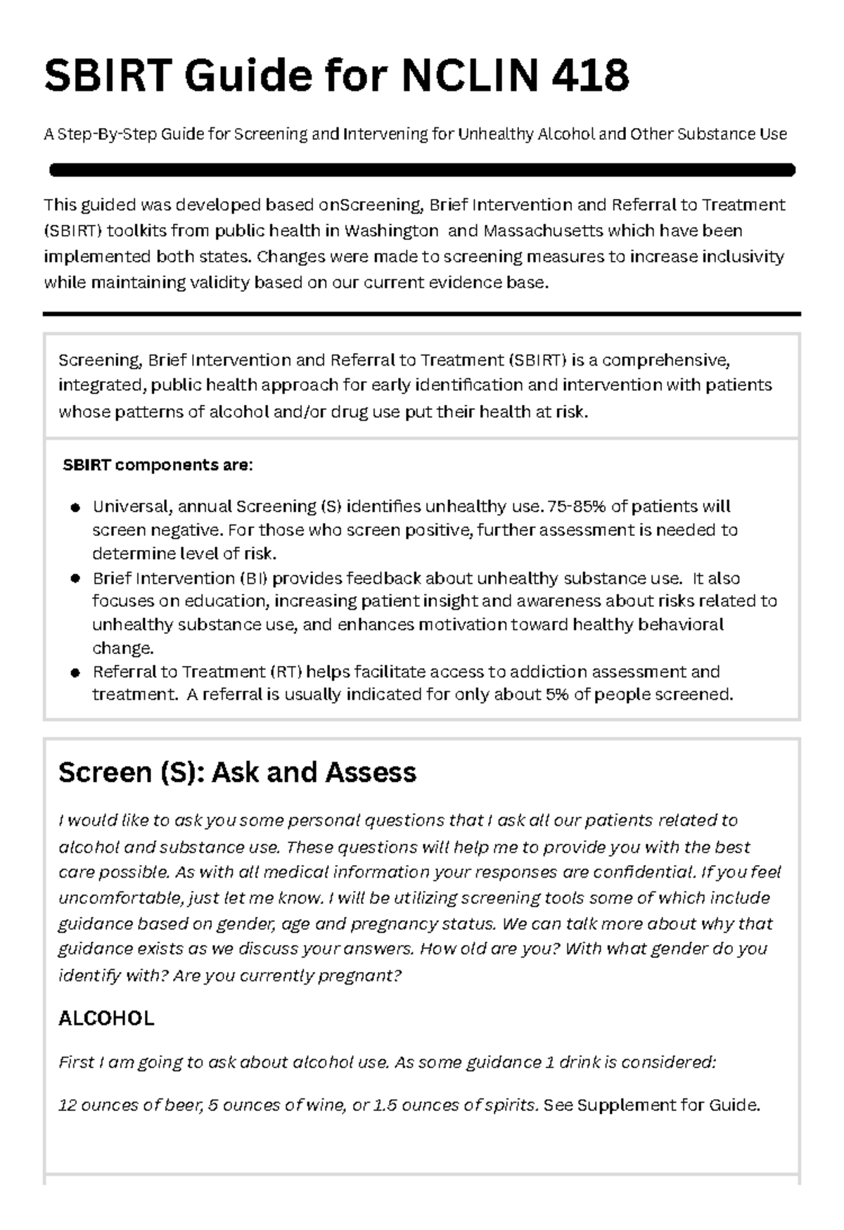 SBIRT Lab Guide for NCLIN 418: Screening and Intervention Strategies ...