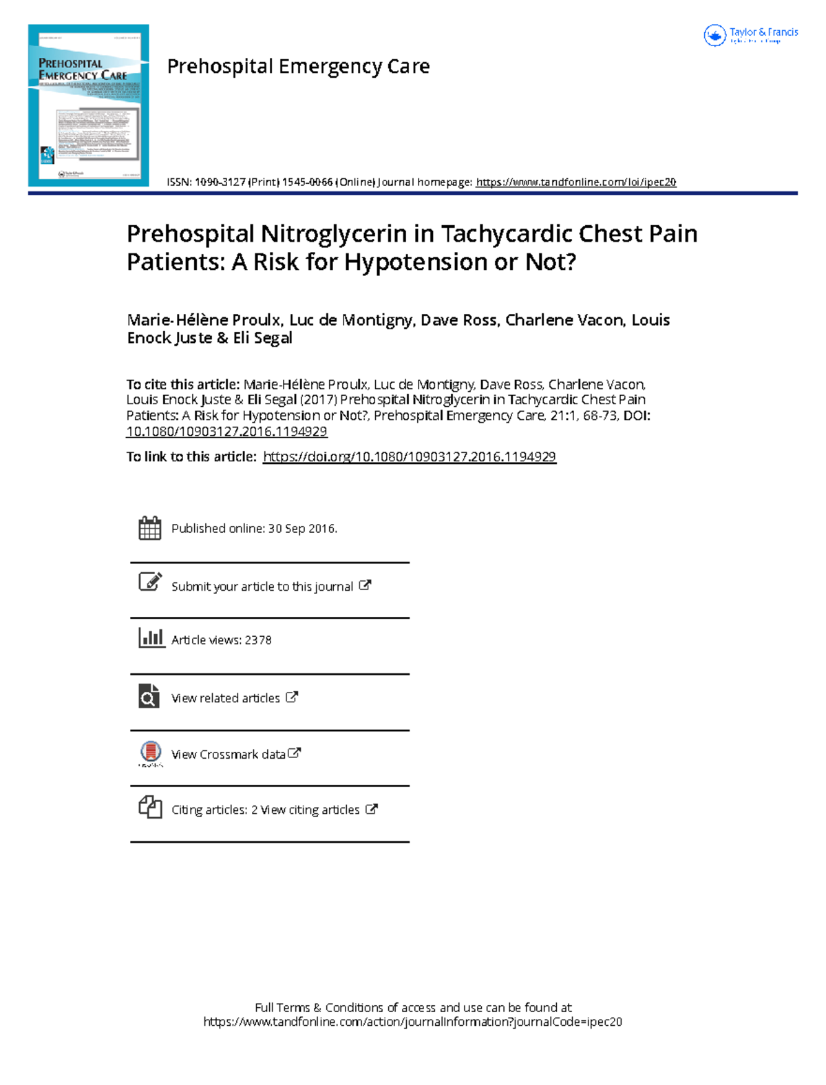 Prehospital Nitroglycerin in Tachycardic Chest Pain Patients A Risk for Hypotension or Not
