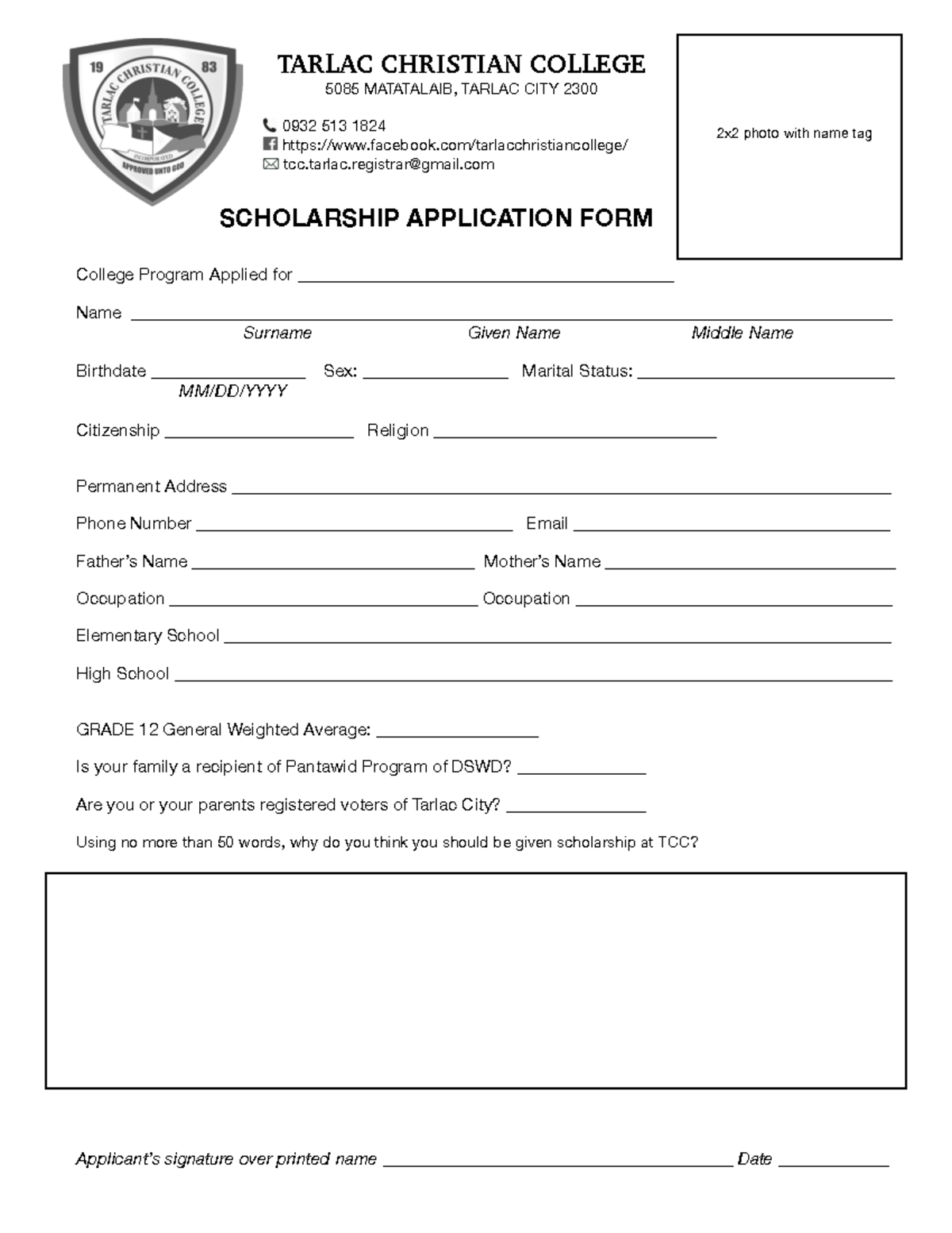 TCC-Scholarship-Form - TARLAC CHRISTIAN COLLEGE 5085 MATATALAIB, TARLAC ...