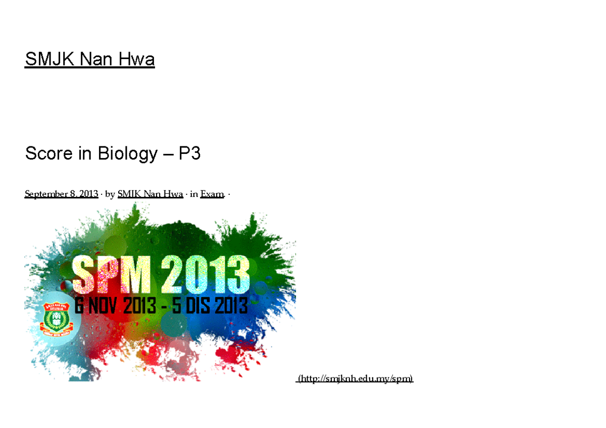 Pdfcoffee - paper 3 bio spm format - SMJK Nan Hwa Score in Biology – P ...