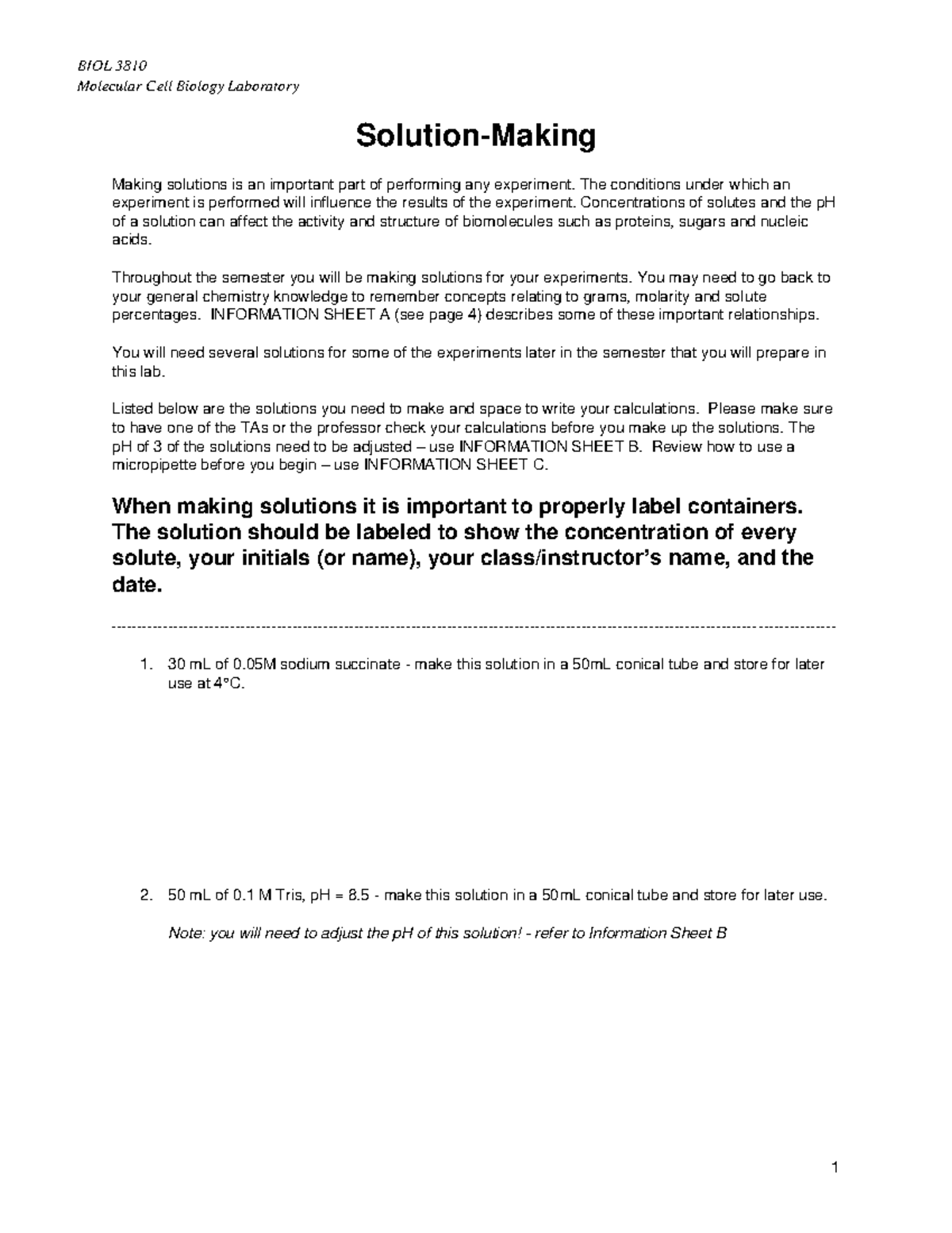 Solution Making Spring 2019 - BIOL 3810 Molecular Cell Biology ...
