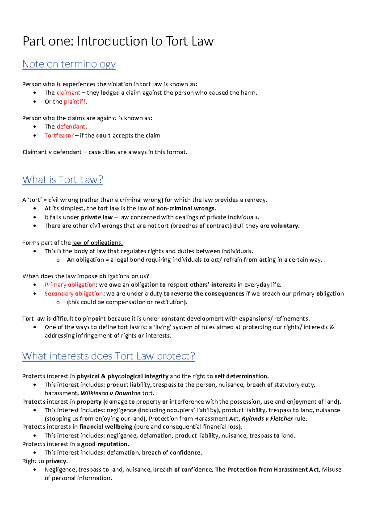 Introduction To Tort Law And Negligence Lecture 1 Notes - Part One ...