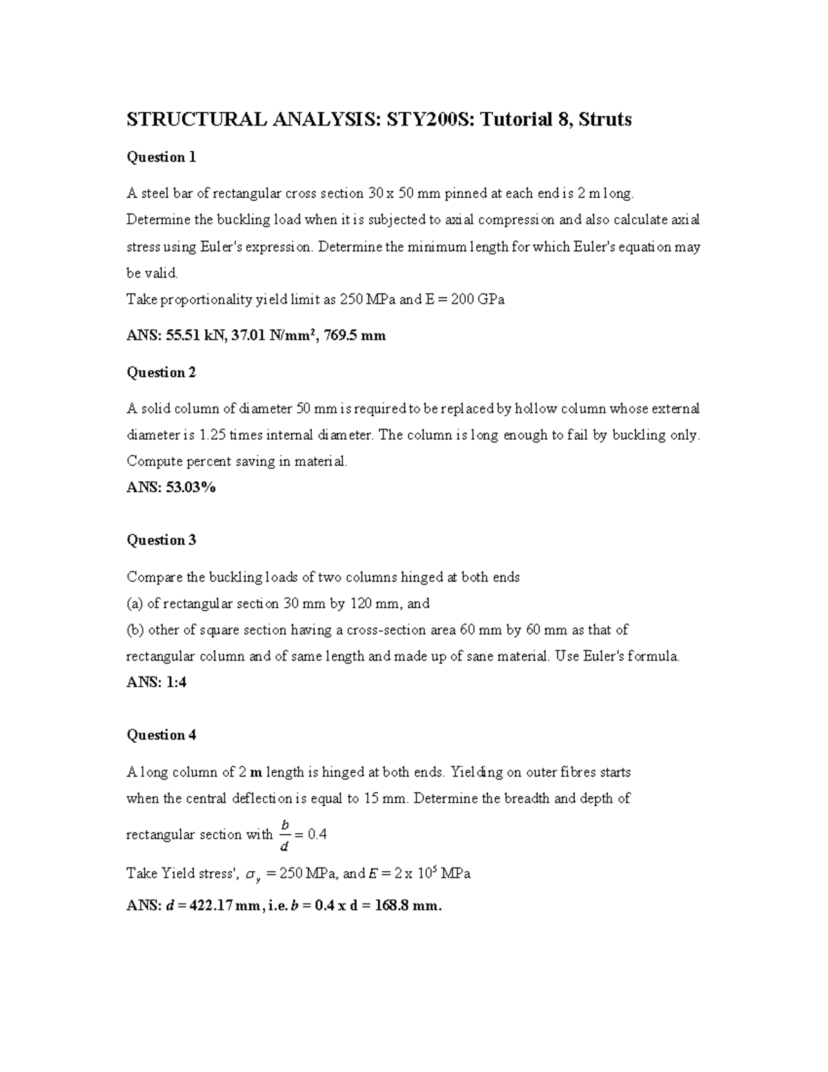 Tutorial Struts - STRUCTURAL ANALYSIS: STY200S: Tutorial 8, Struts ...