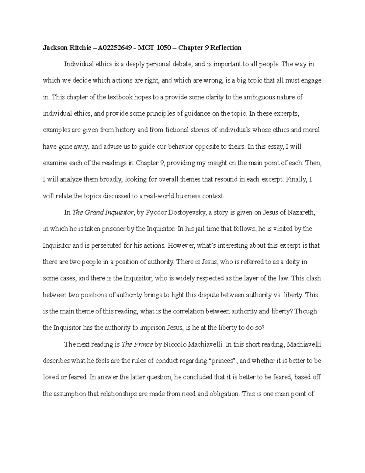 Chapter 9 Reflection Paper - Jackson Ritchie – A02252649 - MGT 1050 ...
