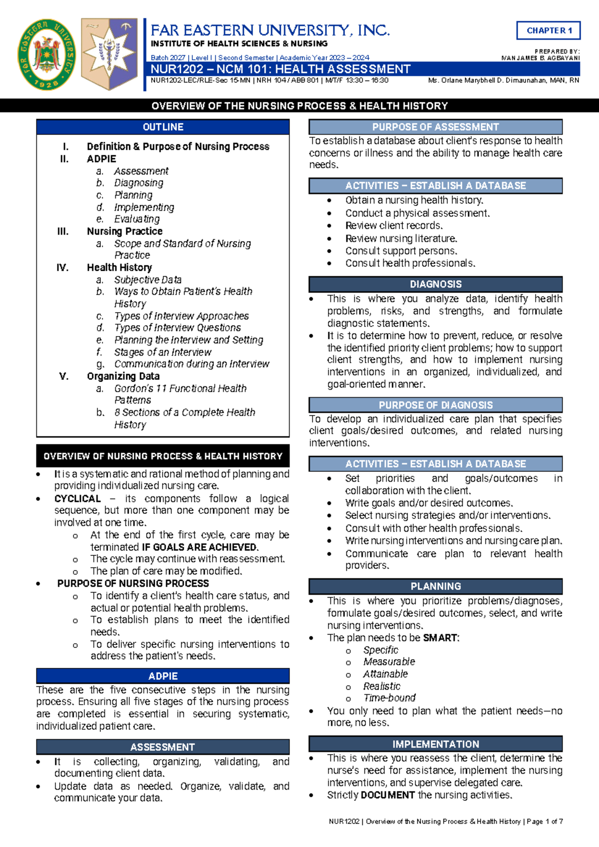 NUR1202 - Chapter 1 - Overview of Nursing Process & Health History ...