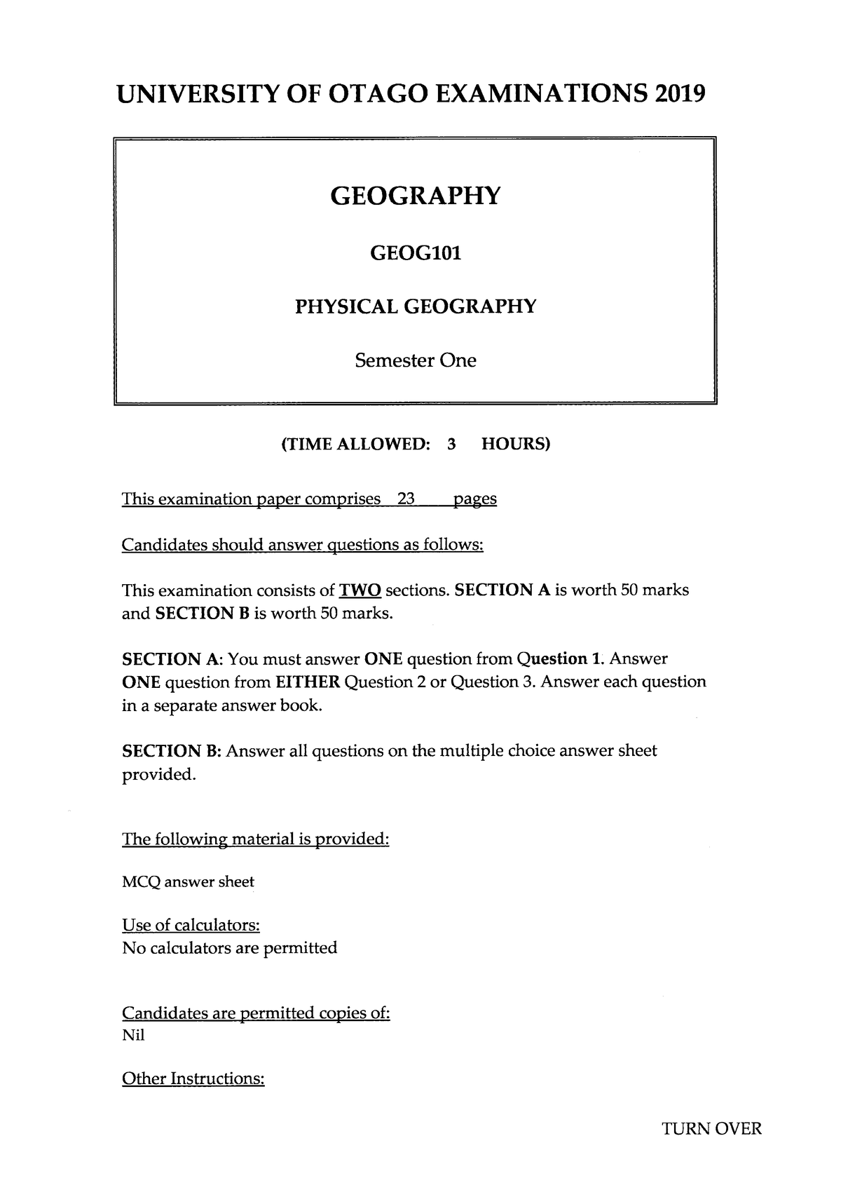 Geog101 S1 2019 - Exam Paper 2019 - GEOG 4 TURN OVER SECTION B: (50 ...