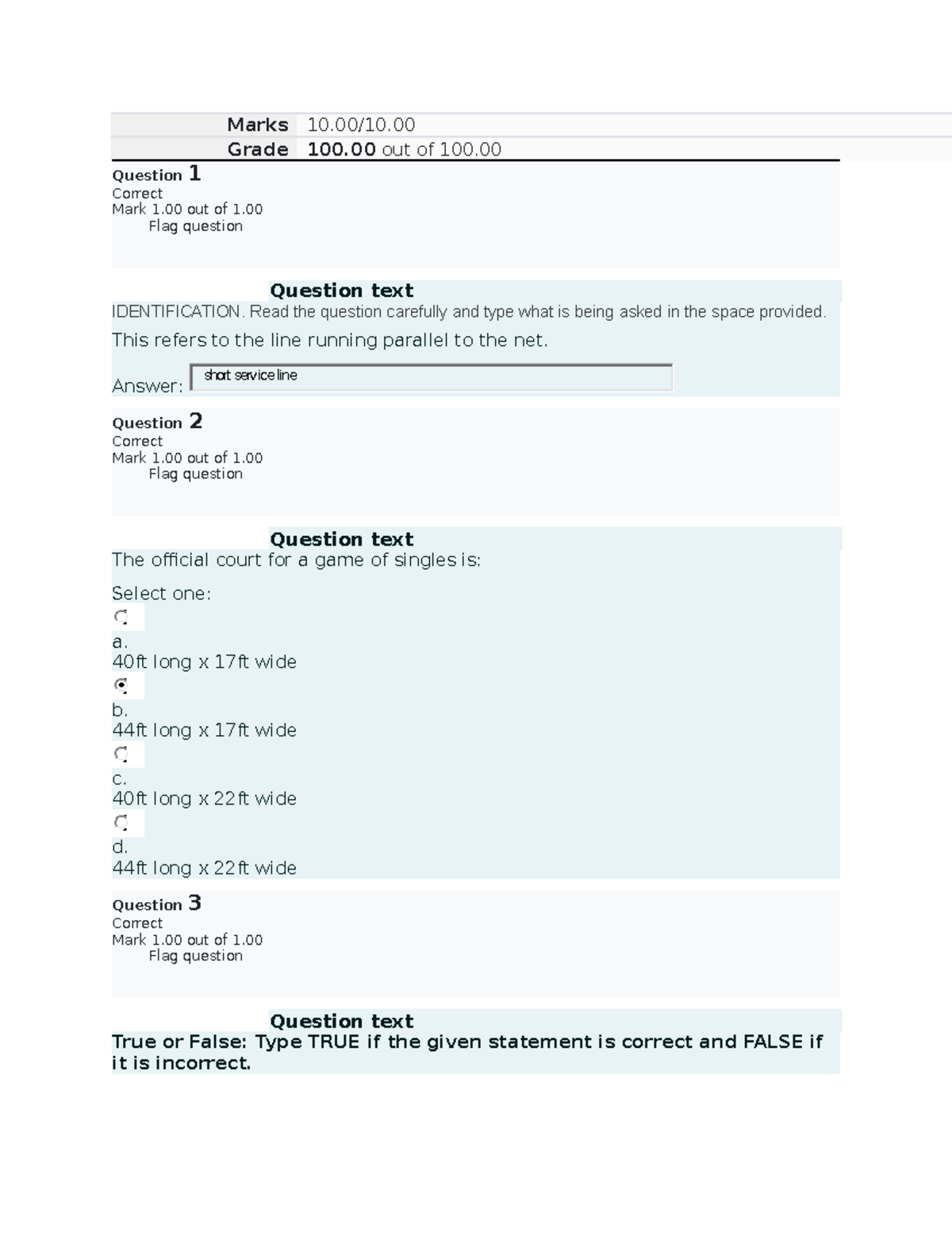 Prelim QUIZ 1 Individual AND DUAL Sports Marks 10/10. Grade 100 out