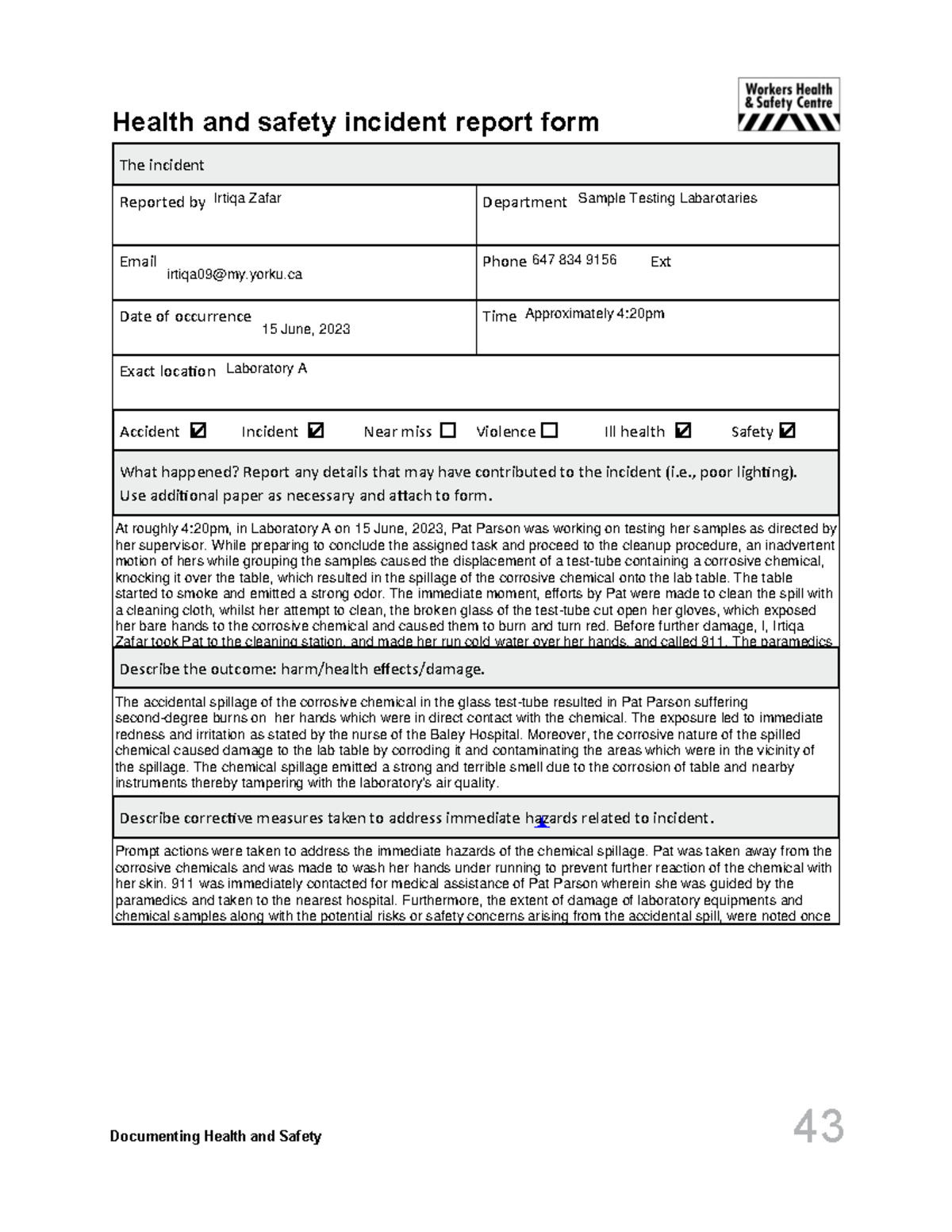 Incident report coop Documenting Health and Safety 43 Health and