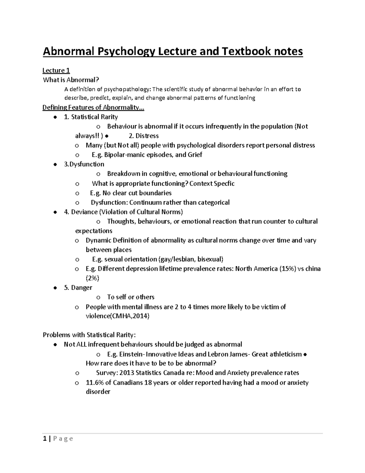 Abnormal Psychology Lecture and Textbook notes - .. 1. Statistical ...