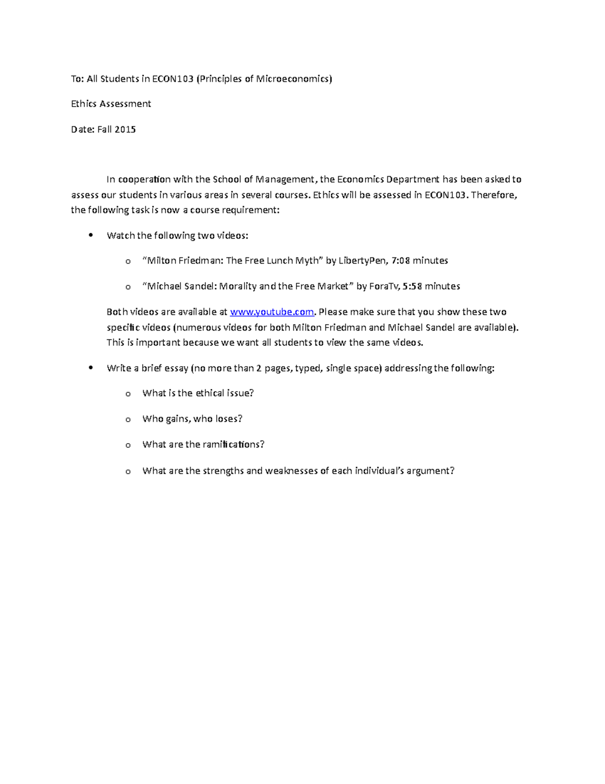 ECON103 Ethics Assignment - Students - To: All Students In ECON103 ...