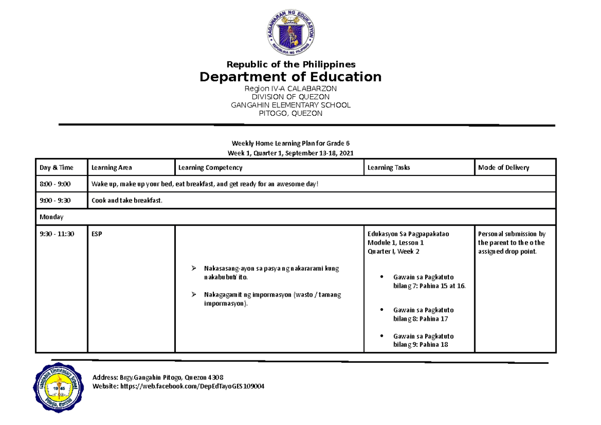 WHLP Grade SEPT. 13 - WEEKLY LEARNING PLAN - Weekly Home Learning Plan ...