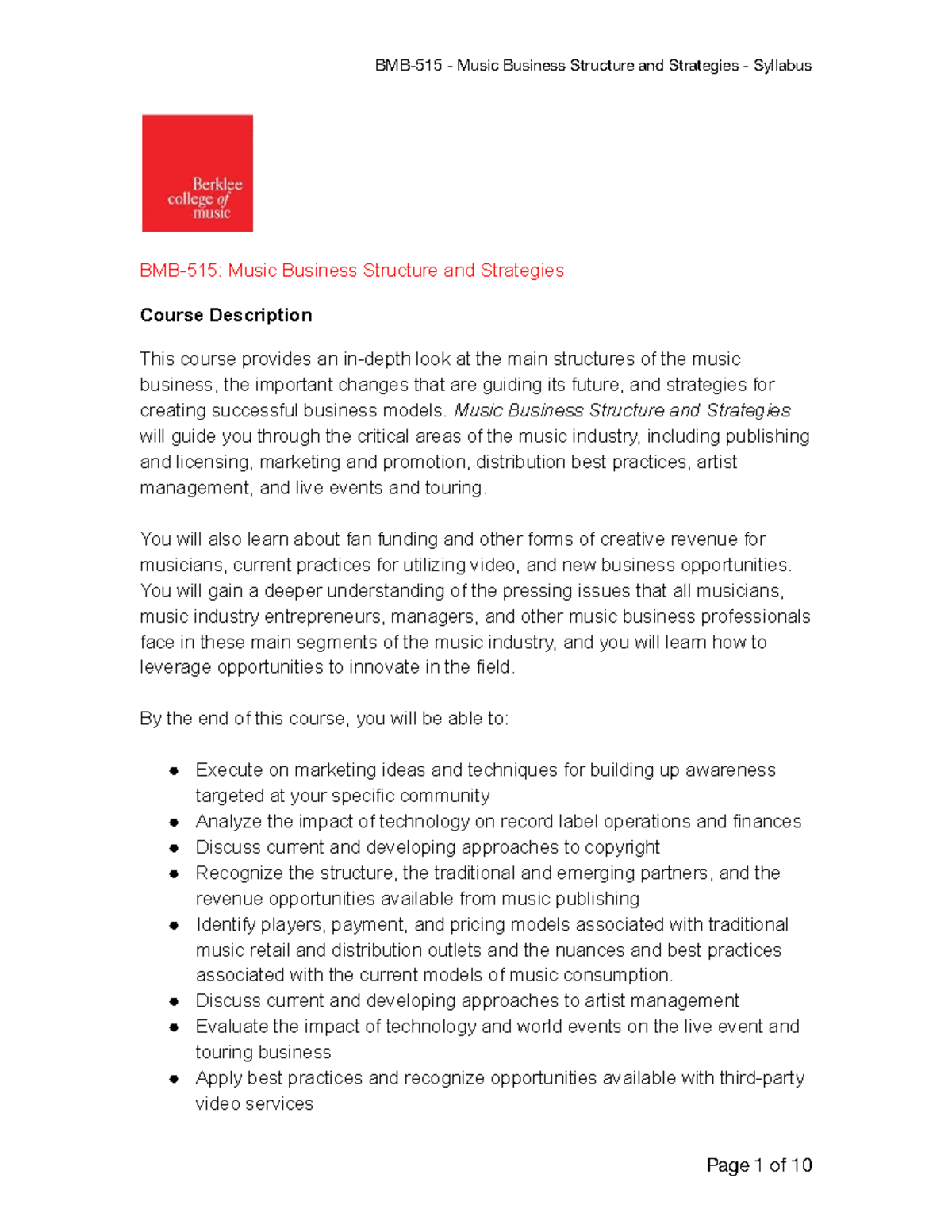 BMB 515 Syllabus - music buisness structure and statagies - BMB-515 ...