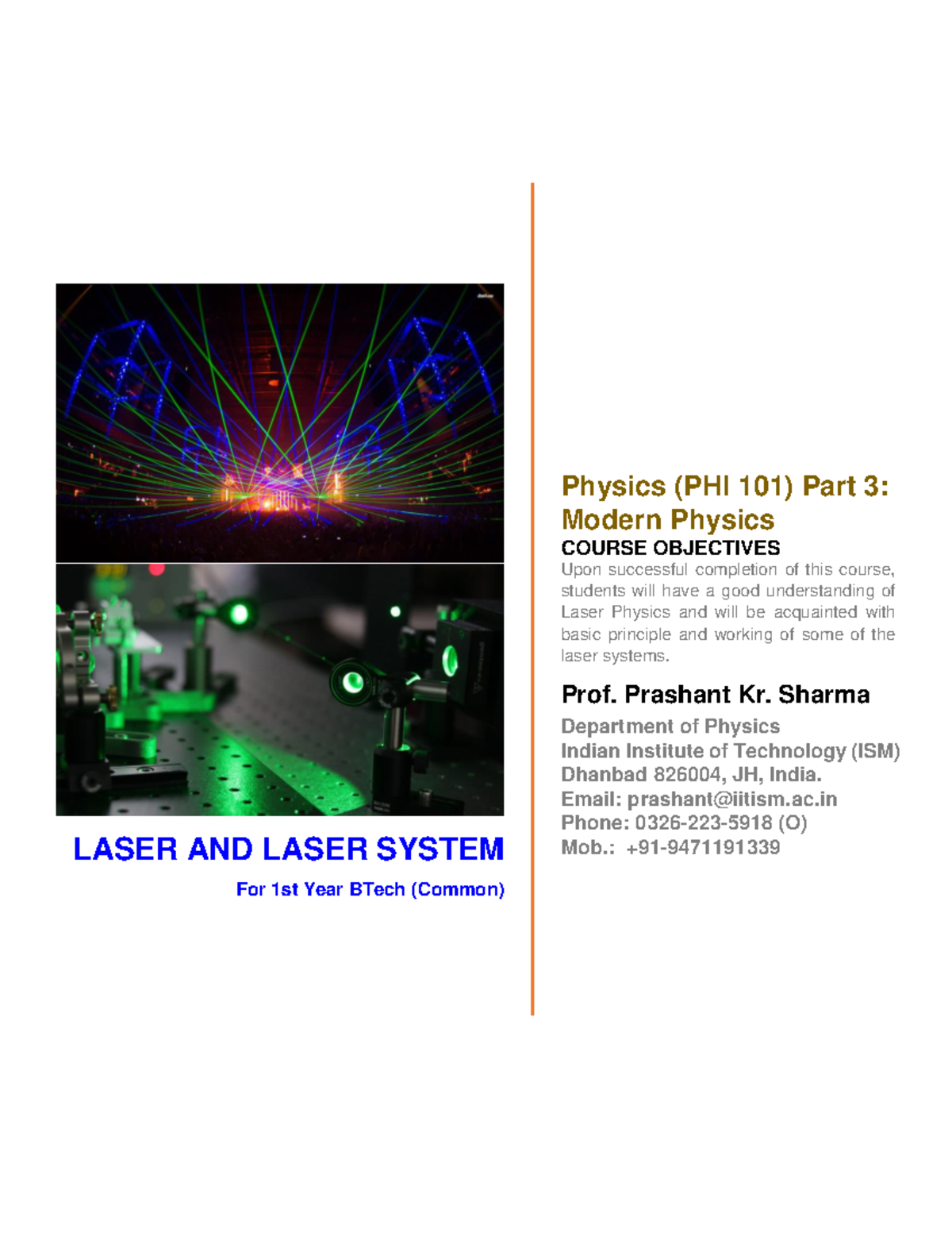 Lasers and Laser Systems - LASER AND LASER SYSTEM For 1st Year BTech ...