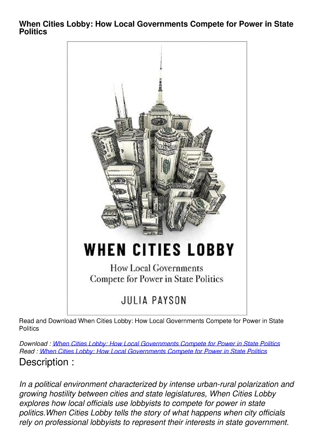 READ [PDF] When Cities Lobby: How Local Governments Compete For Power ...