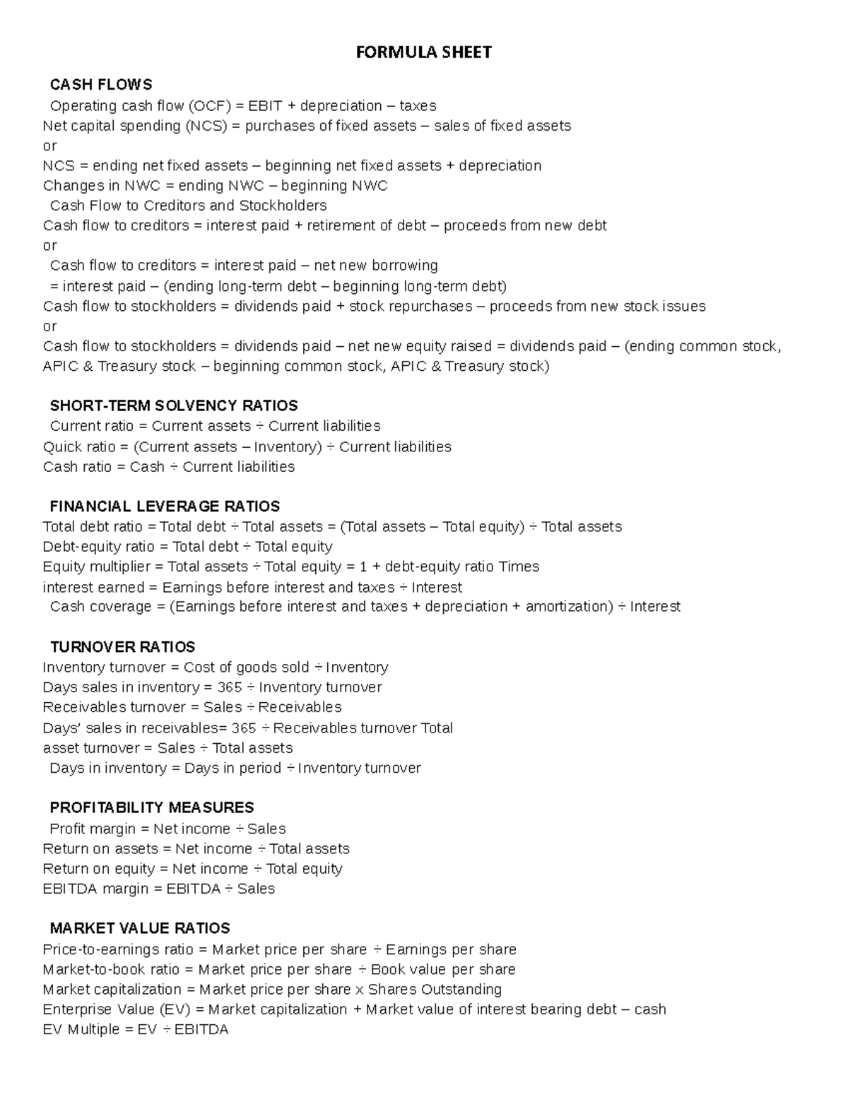 Formula Sheet - CASH FLOWS FORMULA SHEET Operating cash flow (OCF ...