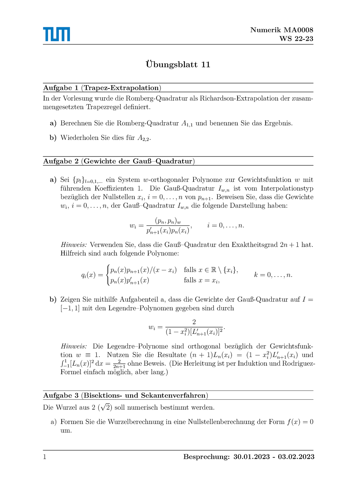 Blatt 11 Numerik - Numerik MA WS 22- Übungsblatt 11 Aufgabe 1 (Trapez ...