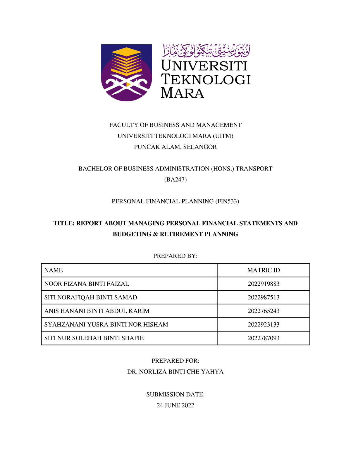 FIN533 Group Project - FACULTY OF BUSINESS AND MANAGEMENT UNIVERSITI ...