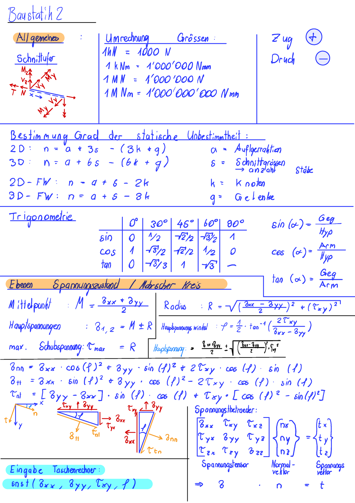 Baustatik 2 - Baustatik 2 Allgemeines Umrechnung Grössen : Zug J 1hN ...